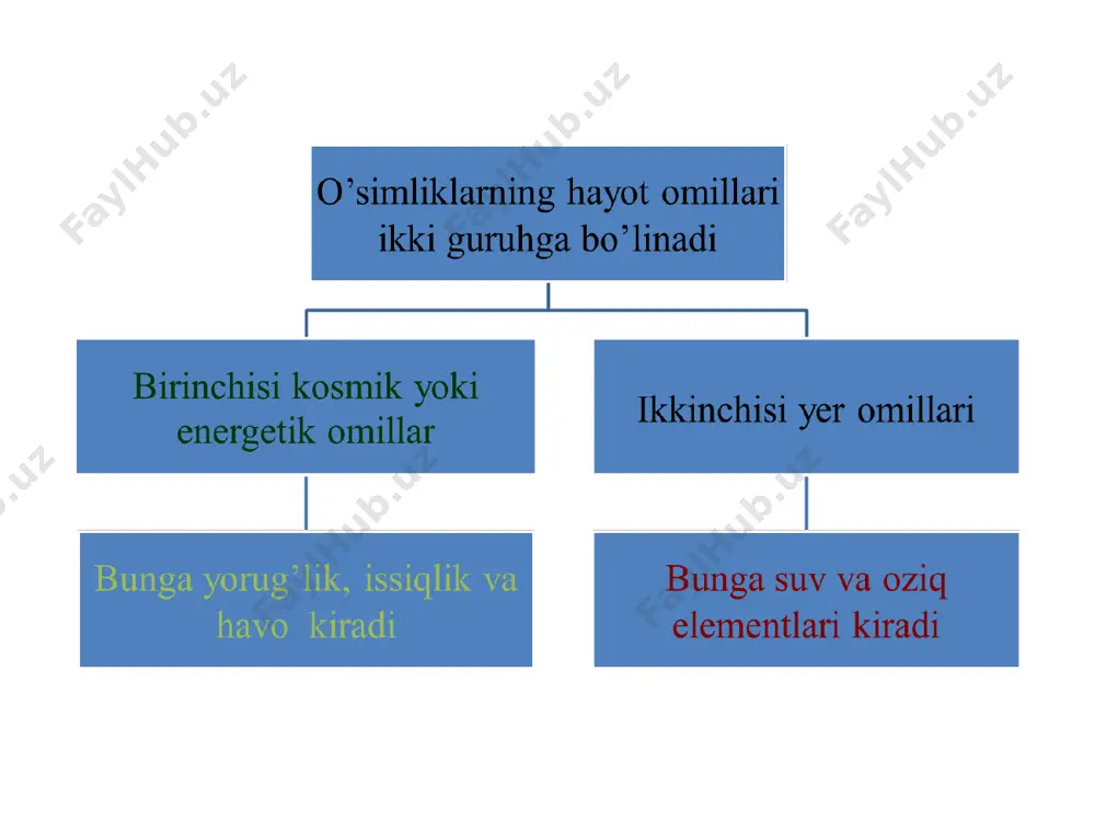 huning uchun ham suv o’simlik hayotida muhim ahamiyatga ega. o’simlik quruq massasining 45% ini uglerod, 42% kislorod, 6,5% ini vodorod, 1,5% ini azot, qolgan 5% ini kul elementlari (kaliy, kaltsiy, magniy, oltingugurt, bor va boshqalar) tashkil etadi. bular o’simlik hayotida muhim ahamiyatga ega. oziq moddalar o’simliklar uchun zarur oziqa elementlari oziq elementlar p k c h о s ca mg fe n oʼsimliklarni hayot omillaridan yorugʼlik va issiqlikni boshqarish inson izmida emas, bu omillarga moslashish zarur. issiqsevar gʼoʼza issiq moʼl boʼlgan mintaqalarda, issiqni kam talab kiluvchi oʼsimliklar xarorat past mintaqalarda ekiladi. hayot omillaridan havo, suv va oziqa moddalar inson tomonidan boshqarilishi mumkin. tuproq havosini sugʼorish va yerga ishlov berish, melioratsiya bilan boshqariladi. suv yoki namlikni sugʼorish maromi bilan nam saqlash tadbirlari bilan boshqariladi. ozuqa moddalarni almashlab ekish, chirindi qoʼllash, oʼsimliklarni oziqlantirish yoʼli bilan boshqariladi. salbiy sharoitlar tuprok muhiti, begona oʼtlar, kasalliklar, zararkunandalar va boshqalar inson tomonidan boshqarilishi mumkin. mamlakatimizda asosan …