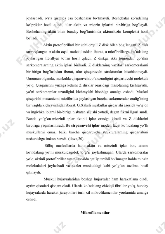 amalga oshadi. mikrofilamentlar mikrofilamentlar deyarli barcha hayvon va o’simlik hujayralarida topilgan. ular uzunligi 7 nm keladigan ingichka oqsil ipchalardir. mikrofilamentlar ayniqsa, sitoplazmaning yuza (kortikal) qatlamida, harakatchan hujayralarning psevdopodiylarida uchraydi va turli yo’nalishlarda bir-birini kesib o’tuvchi ingichka ipchalardan iborat to’rni hosil qiladi. bundan tashqari, ular ingichka ichakning epiteliysi hujayralarida ham uchraydi va hujayraning tanasi bo’ylab o’tadigan tutamlarni hosil qiladi. lyuminessent mikroskop orqali mikrofilamentlarning tarkibida aktin va boshqa oqsillarning borligi aniqlangan. mikrofilamentlarni to’qimalar kulturasida fibroblastlarda o’rganish qulay ekan, chunki ular shisha idish bo’ylab faol harakatlanadi. agar uni shishadan ajratilsa, u yumaloqlashib oladi. oynaga yopishib olsa, yuza bo’ylab cho’ziladi. bunda u bir necha ko’rinishni (bosqich) namoyon qiladi: yopishishni boshlanishi, radial yassilanish va qutblanish(vasilev, gelfrand,1981,). hujayra substratga o’tirgach radial cho’zilishni boshlarida harakatlanish xususiyatini namoyon qiladi, o’z atrofiga psevdopodiylarni chiqaradi, ularning uchlari substratga yopishadi. bunday hujayralar radial yassilangandan so’ng qutblana boshlaydi. bu vaqtda psevdopodiylar hujayraning bir tomonida, uning faolroq qismida qoladi. sitoplazmaning xuddi shu qismi …