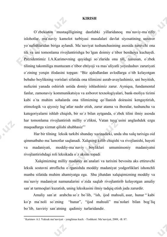 a zich bog`liq. binobarin, bu fanlarsiz, amaliy san`at leksikasi ustida fikr yuritib bo`lmaydi. ikkinchidan, bu sohada ishlar ishlab chiqish ob`ektlari jonli kishilar bilan bevosita aloqador bo`lish, ishlb chiqarish jarayonini to`la tasavvur eta olishni talab etadi. shu sababli, kasb-hunar, umuman sohalar leksikasiga oid so`zlarning ma`nolrini ishlb chiqish jarayoni bayoni yoxud maxsus lug`at ilovasisiz anglash qiyin bo`ladi. so`zlarning paaydo bo`lishi, qullanish tarixi, ayrim semantic va etimologik xususiyatlarini es tarixiy va etnografik materiallarsiz to`la tasavvur etib bo`lmaydi. shunga ko`ra, bu tipdagi ishlarda sof lingvistik tahlil doirasidan chetga chiqib zruriy faktlarga murojaat etish va qisman ishlab chiqish jarayoni bayonini berish asosida so`zlarning maxsus ma`nolarini berish asosida so`zlarning izohlashga harakat qilinadi. shuningdek, kasb-kor tarmoqlariga oid leksik qatlam dalillarini tahlil etishda til tarixi, dialektologiya materiallariga tez-tez murojaat qilinadi. bulrdan ma`lum bo`ladiki, maliy san`at, kasb-kor leksiksitadqiqotchisi masalaga tarixchi-etnograf, san`atshunos, tilshunos-dialektolog, leksikolog va leksikograf, ziyrakgrammatist va til tarixi mutaxassisi sifatida yondasha olsagina o`z oldiga qo`ygan maqsadiga ma`lum darajada …