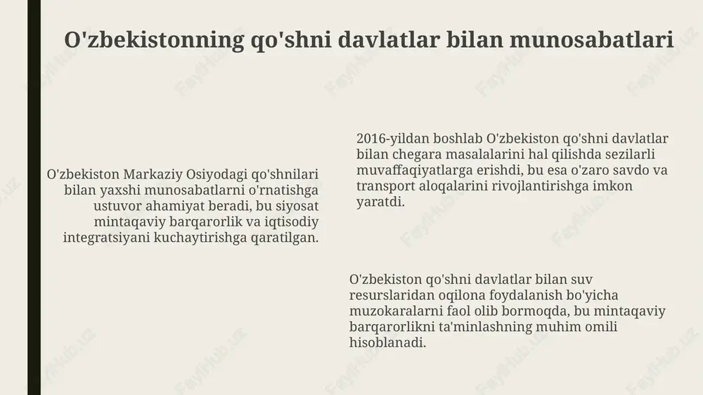 ohotlarni amalga oshirmoqda. o'zbekiston jstga a'zo bo'lish uchun 1994- yilda ariza topshirdi, bu jarayon davom etmoqda. hukumat savdo siyosatini jst qoidalariga moslashtirish orqali a'zolikka intilmoqda. jstga a'zolik o'zbekistonning xalqaro savdoda raqobatbardoshligini oshiradi, eksport bozorlariga kirish imkoniyatini kengaytiradi va xorijiy investitsiyalarni jalb qilishga yordam beradi. yangi o'zbekistonning xalqaro maydondagi o'rni yangi o'zbekiston 2017-yildan beri qo'shni davlatlar bilan konstruktiv munosabatlar o'rnatishga ustuvor ahamiyat bermoqda, bu esa mintaqaviy savdoni sezilarli darajada oshirishga yordam berdi. o'zbekiston bmt, shht va mdh kabi xalqaro tashkilotlarda faol ishtirok etib, global muammolarni hal qilishda, ayniqsa, barqaror rivojlanish maqsadlariga erishishda muhim rol o'ynamoqda. yangi o'zbekiston iqtisodiy diplomatiyasi investitsiya jalb qilishga qaratilgan bo'lib, 2023- yilga kelib 26 milliard aqsh dollari miqdoridagi to'g'ridan- to'g'ri xorijiy investitsiyalarni jalb qilishga muvaffaq bo'lindi. e'tiboringiz uchun rahmat slide 1 slide 2 slide 3 slide 4 slide 5 slide 6 slide 7 slide 8 slide 9 slide 10 slide 11 slide 12 slide 13 slide 14 …