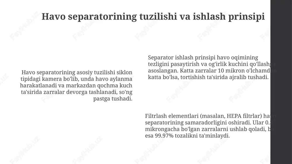 da ishlatilgan asosiy standartlar va metodologiyalar bo'yicha aniq ma'lumotlarni qamrab olishi kerak. ro'yxatga pnevmoaspirator va havo separatorining unumdorligini oshirish bo'yicha 2010-2023 yillarda chop etilgan kamida 5 ta ilmiy maqola va 3 ta texnik qo'llanma kiritilishi maqsadga muvofiq. adabiyotlar ro'yxatida pnevmoaspirator va havo separatorining ishlash parametrlariga ta'sir qiluvchi omillarni tahlil qiluvchi, xususan, havo tezligi (m/s) va zarrachalarning diametri (mm) bo'yicha manbalar bo'lishi kerak. e'tiboringiz uchun rahmat slide 1 slide 2 slide 3 slide 4 slide 5 slide 6 slide 7 slide 8 slide 9 slide 10 slide 11 slide 12 slide 13 slide 14 slide 15 slide 16 slide 17 slide 18 slide 19 slide 20