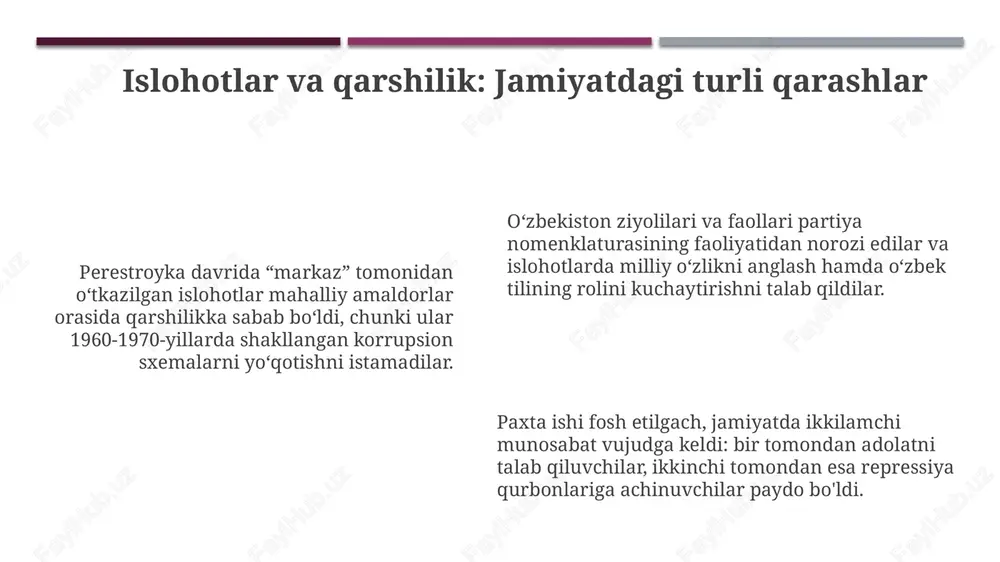 a: qayta qurish va paxta ishi o'zbekiston tarixida qayta qurish davrida o'zbekistonda milliy o'zlikni anglash kuchaydi, 1980-yillardagi paxta ishi korruptsiyasi fosh etilib, respublikaning obro'siga putur yetkazdi. paxta ishi tergovi natijasida minglab odamlar jazolandi, bu esa 1991-yilgi mustaqillikka olib kelgan norozilik kayfiyatining kuchayishiga sabab bo'ldi. qayta qurish siyosati va paxta ishi o'zbekiston tarixida markaz bilan munosabatlarni keskinlashtirib, iqtisodiy va siyosiy islohotlar zarurligini ko'rsatdi. e'tiboringiz uchun rahmat