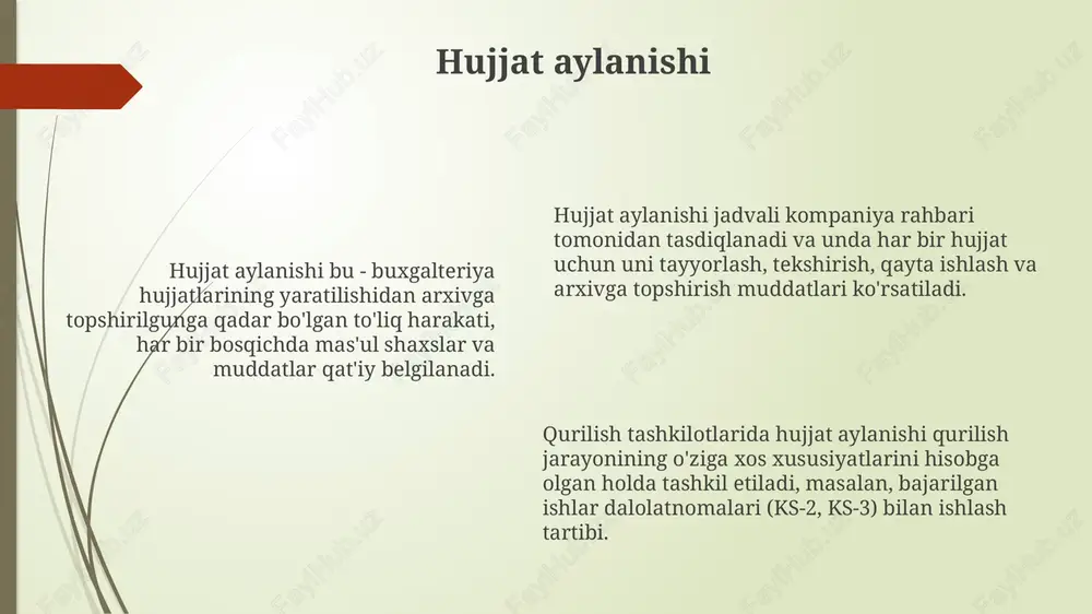 rajatlari kiradi, 0100 hisoblarida aks ettiriladi. qurilishda asosiy vositalar amortizatsiyasi chiziqli usulda yoki ishlab chiqarish hajmiga mutanosib ravishda hisoblanadi, amortizatsiya xarajatlari 0200 hisoblarida jamlanadi. asosiy vositalarni hisobdan chiqarish, eskirganlik, sotish yoki tugatish sababli amalga oshiriladi, bunda balans qiymati va eskirish summasi inobatga olinadi. e'tiboringiz uchun rahmat slide 1 slide 2 slide 3 slide 4 slide 5 slide 6 slide 7 slide 8 slide 9 slide 10 slide 11 slide 12 slide 13 slide 14 slide 15 slide 16 slide 17 slide 18 slide 19 slide 20