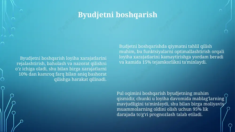 yakunlash imkonini beradi. monitoring va nazorat tizimlarini joriy etish orqali resurslardan foydalanish samaradorligini 20% ga oshirish va xarajatlarni kamaytirish mumkin. doimiy baholash va takomillashtirish, jumladan, 'kaizen' tamoyillari, resurslarni boshqarish jarayonlarini 5-10% ga yaxshilashga yordam beradi. e'tiboringiz uchun rahmat image1.png image2.png