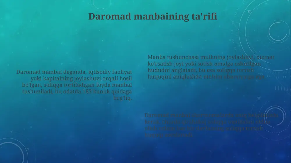 ik solig'i global daromadni soliqqa tortadi, bu esa daromad manbai solig'iga nisbatan boy rezidentlar uchun adolatliroq bo'lishi mumkin, ammo kam ta'minlangan rezidentlarga og'irlik qilishi mumkin. daromad manbai solig'i xalqaro kapital harakatini rag'batlantirishi mumkin, lekin bu adolatli soliq yukini ta'minlash uchun xalqaro hamkorlikni talab qiladi, aks holda soliqdan bo'yin tovlash xavfi mavjud. samaradorlik nuqtai nazaridan tahlil rezidentlikka asoslangan soliq solish kapitalning global miqyosda samarali taqsimlanishiga to'sqinlik qilishi mumkin, chunki u 100% soliq stavkalari kabi buzilishlarga olib kelishi mumkin. manbaga asoslangan soliq solish resurslarni ajratishda kamroq buzilishlarga olib kelishi mumkin, lekin 0% soliq stavkalari global miqyosda ortiqcha investitsiyalarga olib kelishi mumkin. har ikki tamoyilning soliq siyosati bo'yicha xalqaro kelishuvlarga tayanib, samarali global soliqqa tortish uchun mo'ljallangan optimal aralashmasiga ega bo'lishi mumkin. e'tiboringiz uchun rahmat image3.png