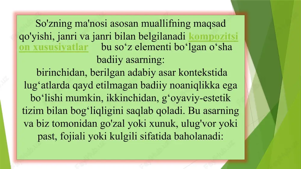 arda, ayniqsa, she’riy misralardagi tovush tovlanishlarini tarkib toptirishda foydalaniladi” binobarin, ovoz imkoniyatlaridan to‘g‘ri foydalanish ifodali o‘qishda beqiyos ahamiyatga egadir. tasviriylik va ifodalilik badiiy va adabiy uslubning ajralmas xossalaridir, shuning uchun shundan xulosa qilishimiz mumkinki, obrazlilik zarur element bu uslubdan. biroq, bu tushuncha hali ham ancha kengroq, ko'pincha tilshunoslik fani so‘zning til va nutq birligi sifatidagi obrazliligi yoki boshqacha aytganda, leksik obrazlilik masalasi ko‘rib chiqiladi. shu nuqtai nazardan, obrazlilik so'zning konnotativ xususiyatlaridan biri sifatida qaraladi, ya’ni so'zning nutq aloqasida ona tilida so'zlashuvchilar ongida mustahkamlangan ob'ektning aniq-sensor ko'rinishini (tasvirini) o'z ichiga olishi va takrorlash qobiliyati; vizual yoki eshitish tasvirining bir turi. demak, obrazlilik so‘zning semantikasi, valentligi, emotsional-ekspressiv holatiga ta’sir etuvchi eng muhim tarkibiy-semantik xususiyatlaridan biri ekanligini aytishimiz mumkin. og'zaki tasvirni shakllantirish jarayonlari metaforizatsiya jarayonlari bilan eng bevosita va uzviy bog'liqdir, ya'ni ular majoziy va ekspressiv vosita bo'lib xizmat qiladi. tasviriylik “obrazlilik va ifodalilik”, ya’ni funksiyalardir til birligi nutqda uning tarkibiy tashkil etilishining …