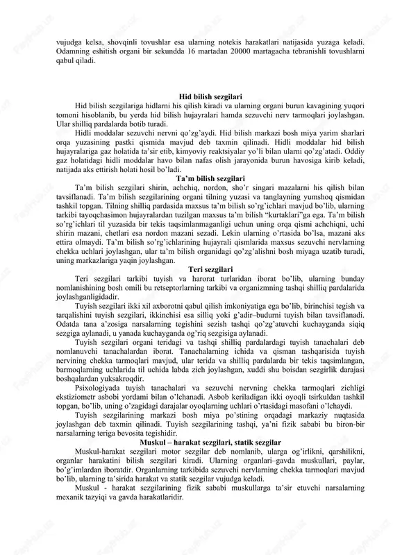 ga olish (orientirlash) jarayonida ishtirok etadi. masalan, avtomobil yo’lidan o’tish va hokazo. bu jarayon patologik holatda ham uchrashi mumkin. ekstroretseptiv sezgilar intermodal, nospetsifik sezgi turkumlariga ham ajratiladi. masalan, eshitish organi orqali 10-15 sekundga tebranishni sezish mumkin, lekin quloq bilan emas, balki suyaklar yordamida (miya qopqog’i, tirsak, tizza uchlari) payqash – vibratsiya sezgilari deyiladi. masalan, karlarni tovushlarni idrok qilishi. odatda vibratsion sezgirlik intermodal sezgi deb ham nomlanadi. uning quyidagi ko’rinishlari ham mavjud: a) hid, ta’m, va maza sezgilarida; b) o’ta kuchli tovushda, o’ta yorqin yorug’likda; v) uch xil ta’sirning uyg’unlashgan integrativ holatida; sezgining nospetsifik shakliga terining foto sezgirligi kirib, u ranglarni, nozik jumlalarni ajratish, qo’l uchlari bilan sezish orqali ro’yobga chiqadi. terining foto sezgirligi a.n.leontev tomonidan kashf qilingan bo’lib, bu narsa ko’pgina holatlarga oqilona yondashish imkoniyatini vujudga keltiradi. tadqiqot asosan qo’l uchiga yashil va qizil ranglarni yuborish orqali amalga oshirilgan. terining foto sezgirligi tabiati psixologiyada yetarli darajada o’rganilmagan. sezgi turlari: psixologiya …