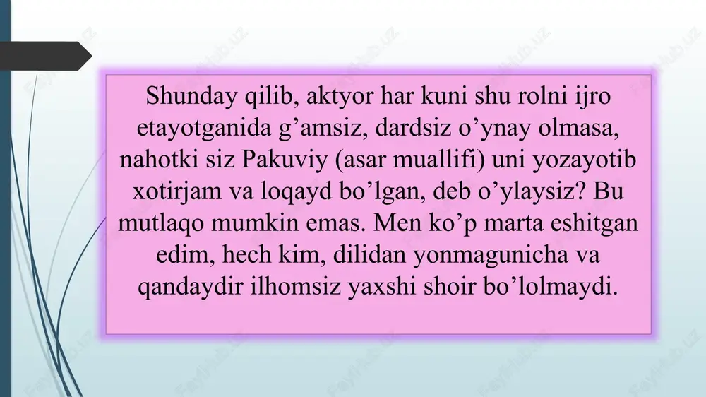 tana harakatlari shunday ediki, hatto dushmanlar ham yig’lagan”. yuqoridagi fikrlardan kelib chiqib, shuni aytish mumkinki, ifodali o’qish hech qanday tayyorgarliksiz, shunchaki o ‘z-o’zidan amalga oshadigan oson jarayon emas. ifodali o ‘qish og’zaki ijrochidan chuqur bilim, fahm-farosat, qobiliyat va mahorat talab qiladigan san’atdir. mashq. quyidagi matnni ifodali o’qing. o‘qish davomida ko’z, yuz, bosh va qo’l harakatlariga e’tibor bering. zolning tug’ilgani qadim zamonlarni etib namoyon, so’zlab beray endi ajib bir doston. somga qanday o’yin ko’rsatdi falak, so’zlab beray quloq sol, o’g’lim, andak. farzandsizlikdan ko’p azob chekib som, dard chekib, diliga istardi orom. shabistonida bor erdi nigori, yonog’i gulbargu mushkinmo’y yori. savol va topshiriqlar 1. asar ruhini his qilish, qahramonlar holatiga kirish deganda nimani tushunasiz? 2. ifodali o’qishda yuz ifodasi, bosh va qo’l harakatlarining qanday ahamiyati bor? 3. hissiyot bilan so’zlash yoxud hissiyot bilan o’qish deganda nimani tushunasiz? 4. “ijro - so’zning tanho hukmdoridir” degan fikrni izohlang. 5. suxandonlikda eng muhim narsa nima? …