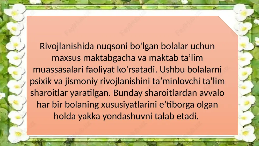 bolalar – bular maxsus sharoitda 1- 3 yil ta’lim- tarbiya olganlaridan keyin o‘qishni ommaviy maktabning tegishli sinfida davom ettirishi mumkin. 2.ruhiy rivojlanishida sezilarli darajada orqada qolgan bolalar – bular maktabni bitirguniga qadar maxsus sharoitda o‘qitilishi kerak. bunday bolalar maktab dasturini sog‘lom tengdoshlari qatori o‘zlashtira olmaydi. ruhiy rivojlanishi sustlashgan bolalarni ommaviy maktabda hamma qatori o‘qitish ta’lim jarayoniga ham salbiy ta’sir ko‘rsatadi., ya’ni o‘rtacha o‘quvchining saviyasini orqaga tortadi, yaxshi va a’lo o‘zlashtiruvchi o‘quvchilarni yetarli darajada o‘stirishga to‘sqinlik qiladi. dastur materiallarini yaxshi o‘zlashtira olmaganligi tufayli ruhiy rivojlanishi sustlashgan bolalar doim muvaffaqiyatsizliklarga uchrayveradi, bu narsa ularning hulq-atvorida aksariyat turli salbiy xislatlar yuzaga kelishiga sabab bo‘ladi. olimlardan k.s.lebedinskaya, g.p.berton, e.m.dunayeva va boshqalar ruhan sust rivojlanganlikni klinik-psixologik jihatdan quyidagi xillarga bo‘lishni tavsiya etadilar: 1) konstitutsional; 2) somatogen; 3) psixogen; 4)serebral shakli. ruhan sust rivojlanganlikning konstitutsional shaklini xarakterlovchi belgilarga quyidagilar kiradi: bolaning gavda tuzilishi sog‘lom tengdoshlarinikiga nisbatan 1- 2 yosh kichik ko‘rinadi. u o‘zini bog‘cha yoshidagilarga o‘xshab …