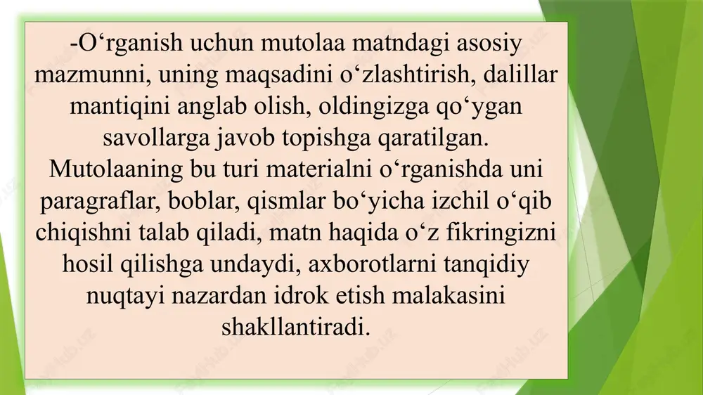 ladi, o’quvchi zavqini oshiradi.nafas – ifodali o`qishning asosiy vositalaridan biri ifodali o`qish jarayonida nafas, ovoz va nutq a`zolari faol ishtiirok etadi. nafas – ifodali o`qishning muhim vositalaridan biridir. u kishi organizmi uchun ham asosiy ozuqa hisoblanadi. pauza (pausis) yunoncha so‘z bo‘lib, to‘xtash, tinish degan ma’noni bildiradi. demak, nutq davomidagi to‘xtamlar pauza deyiladi. pauza ifodali va badiiy o‘qishda eng muhim vosita bo‘lib, u nutqning yorqin va ta’sirchan chiqishini ta’minlaydi. zero, to‘xtovsiz, nafas olmay uzluksiz qilinadigan nutq qo‘pol va nazokatsiz bo‘lib tuyuladi, chunki insonning eshitish qobiliyatida me’yor tuyg‘usi mavjuddir. pauza she’riy asarlarda misralar orasidagi turoqlarning oxiriga tushadi, ayrim so‘z yoki so‘z birikmalarini bo‘rttiradi, ularning ma’no va ahamiyatini ta’kidlaydi, she’riy nutqqa his-hayajon bag‘ishlaydi. pauza asarning janr xususiyati, mazmuni va sintaktik qurilishi bilan uzviy bog‘liq bo‘lgan hodisadir. ayniqsa, she’rdagi bayt yoki bandlar she’riyatning tugallangan bir bo‘lagi sifatida doimo pauza bilan bir-biridan ajraladi. “temp” lotincha (tempus) so‘zidan olingan bo‘lib, “sur’at, daraja, vaqt, tezlik” degan ma’nolarni …