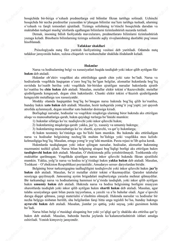 yukni qo’l bilan ko’tarib, bir necha xil taom mazasini qiyoslasa yoki ikki paykal paxtazor hosildorligini taqqoslasa, bu amaliy taqqoslash bo’ladi. shuningdek, o’quvchilar ikki qalam yoki ikki sterjenning uchini yog’ochga yoki qog’ozga solishtirsalar, u analogik holatga misol bo’la oladi. bundan tashqari metr bilan masofani, tarozi bilan og’irlikni, termometr bilan haroratni, teleskop bilan osmon jismlarini o’lchash paytida ham taqqoslash jarayoni vujudga keladi. inson tevarak-atrofdagi narsa va hodisalarning barchasini bevosita aks ettirish, qo’l bilan paypaslash imkoniyatiga ega emas. shu boisdan to’planadigan bilimlarning aksariyati qo’l bilan ushlash, ko’z bilan kuzatish evaziga emas, balki fikr yuritish orqali, mantiq yordamida anglaniladi. ular o’rtasida o’xshash va farqli alomat hamda belgilar nazariy taqqoslash asosida ajratiladi. demak, inson olayotgan keng ko’lamdagi axborotlar farqini fikran taqqoslash yordamida anglab yetadi. jumladan, o’quvchilar dilda o’ylayotgan narsalarni fikran solishtirib ko’radilar. ba’zan turli yoshdagi kishilar o’z tengdoshlari xarakterida, qiziqishida, yurish turishida, muomalasida va boshqa xususiyatida o’xshashlik va tafovut borligini topadilar. abstraktsiya - shunday fikr …