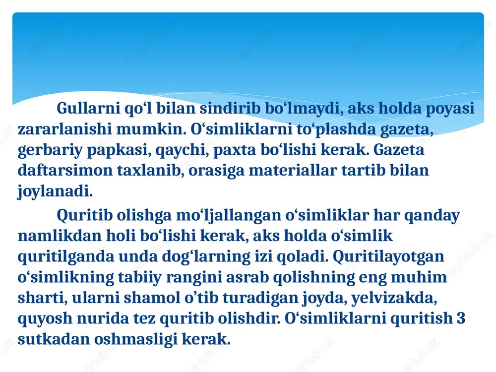 yotgan simlar diametri 0,005 dan 17mm gacha bo’ladi. u asosan dumoloq kesimli bo’ladi, biroq kvadrat, olti qirrali, trapetsiyasimon yoki oval shaklidagi simlar ham bo’ladi. simlar turli maqsadlarda: elektr, radio, telefon simlari, prujinalar, mixlar, eektrodlar, ingichka parma, musiqa asboblari uchun torlar yasash va shu kabilardan foydalaniladi. plastmassalar. plastmassalar su’niy olinadigan modda bo’lib, sanoatimiz plastmassadan turli predmetlarni va kapron, neylon, organik oyna, paralon, polietilen va shu kabi xilma-xil to’qimalarni ishlab chiqaradi. plastmassalar juda engil va shu bilan birga bukiluvchan va elastikdir. ayrim plastmassalar o’ta mustahkam bo’lib issiqlik va elektrni yaxshi o’tkazadi, kislotalarga bordoshlidir. plastmassaga ishlov berishda deyarli chiqindi bo’lmaydi. mehnat ta’limi amaliy mashhulotlarida topilishi oson bo’lgan plastmassalardan va ishlab chiqarish chiqindilaridan foydalaniladi. bular: organik shisha, paralon, penoplast, linoleum, ebonit, kapron, tekstolitdir organik shisha - organik shisha oddiy shisha singari shaffof, ammo sinmaydigan su’niy plastmassadir. organik shishani aralash, egish va elimlash mumkin. u turli ranglarga bo’yaladi. paralon – su’niy yo’l bilan olinadigan material …