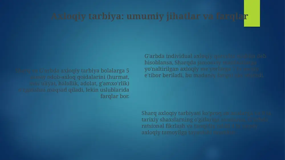 biliyati 2-asosiy qadriyat sifatida qaraladi. g'arb ta'lim tizimi shaxsiy rivojlanishga ko'proq e'tibor qaratadi, sharqda esa jamoaviy muvaffaqiyat va 3-ijtimoiy mas'uliyat ko'pincha 4-o'ringa qo'yiladi. umumiy qadriyatlar doirasida, 5-axloqiy tamoyillar, 6-mehnatsevarlik va 7-ta'lim olishga intilish har ikkala madaniyatda ham yosh avlodni tarbiyalashda muhim rol o'ynaydi. e'tiboringiz uchun rahmat image2.png image3.png image4.png image5.png