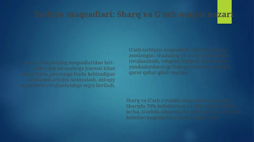 qlash va rivojlantirish uchun moslashtirilgan dasturlar yaratiladi. xulosa sharq va g'arbning ta'limotlaridagi farqlarni tahlil qilib, ularning har biri o'ziga xos qadriyatlarga asoslanganligini aniqladik: sharq axloqqa, g'arb esa individualizmga urg'u beradi. globalizatsiya ta'sirida ta'lim tizimlari o'rtasida integratsiya kuzatilmoqda, biroq 21-asrda ham mahalliy an'analarni saqlab qolish muhim ahamiyatga ega ekanligi ta'kidlandi. kelajakda yosh avlodni tarbiyalashda axloqiy, aqliy, jismoniy va mehnat tarbiyasining muvozanatini ta'minlash, shuningdek, oila, jamiyat va ta'limning roli 30/30/40 nisbatda bo'lishi kerak. e'tiboringiz uchun rahmat image2.png image3.png image4.png image5.png