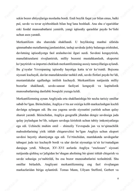 onsepsiyasini savdo balansi nazariyasiga qarama-qarshi qo'ydi. 1630-yilda t. men o'zining «angliya tashqi kuch sifatida» asarini yozdi. asar nomining o'ziyoq rivojlangan merkantilizmni ifoda etadi. t. men pul muomalsining qat'iy tartibga solinishini zararli deb hisoblab, tashqi savdoning normal rivojlantirish pulni olib chiqishdagi erkinlikning ahamiyatini ta'kidladi. u quyidagi qoidani amalga oshirishni muhim deb hisobladi: «xorijga biz ulardan sotib olganimizdan ko'ra ko'proq sotishimiz zarur. uning fikricha, faqat faol tashqi savdo yo'li bilangina «bizda qoladigan va bizni boyitadigan pulni mamlakatga jalb qilish mumkin. xorijliklar uchun pulning «sarflanishi haqidagi qonun bekor qilishini talab qilib, t. men pulni chetga chiqarishni taqiqlash xorijda ingliz tovarlariga bo'lgan talabni pasaytirishi mumkin, pulning ortiqchaligi mamlakatda narxning oshishiga olib keladi, deb hisobladi. fransiyada merkantilizm g‘oyalari xvi–xvii asrlarda keng tarqaldi. uning dastlabki tarafdorlaridan biri mashhur “siyosiy iqtisod haqida traktat” (1615) asarining muallifi antuan mankreten (1576–1621)dir. u savdogarlarni foydali tabaqa deb hisoblab, savdoni hunarlarning asosiysi sifatida tavsifladi. a. mankreten podsho lyudovik xiii ga pul …