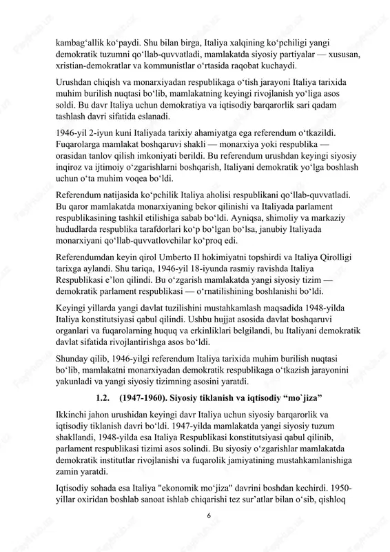 rxiyadan demokratik respublikaga o‘tkazish jarayonini yakunladi va yangi siyosiy tizimning asosini yaratdi. 1.2. (1947-1960). siyosiy tiklanish va iqtisodiy “mo`jiza” ikkinchi jahon urushidan keyingi davr italiya uchun siyosiy barqarorlik va iqtisodiy tiklanish davri bo‘ldi. 1947-yilda mamlakatda yangi siyosiy tuzum shakllandi, 1948-yilda esa italiya respublikasi konstitutsiyasi qabul qilinib, parlament respublikasi tizimi asos solindi. bu siyosiy o‘zgarishlar mamlakatda demokratik institutlar rivojlanishi va fuqarolik jamiyatining mustahkamlanishiga zamin yaratdi. iqtisodiy sohada esa italiya "ekonomik mo‘jiza" davrini boshdan kechirdi. 1950-yillar oxiridan boshlab sanoat ishlab chiqarishi tez sur’atlar bilan o‘sib, qishloq xo‘jaligi sohasidagi islohotlar ham samarali bo‘ldi. bu davrda italiya yevropa iqtisodiy hamkorlik tashkilotlariga a’zo bo‘lib, xorijiy investitsiyalar jalb qilindi, ishlab chiqarish va eksport hajmi keskin oshdi. davlat iqtisodiyoti qayta tiklanishi bilan birga, ijtimoiy sohada ham o‘zgarishlar yuz berdi. aholining yashash darajasi yaxshilandi, ta’lim va sog‘liqni saqlash tizimlari kengaytirildi. shuningdek, italiya qishloqdan shaharlarga ko‘chib kelish va sanoatlashtirish jarayonlari tezlashdi. siyosiy maydonda esa xristian-demokratlar partiyasi yetakchilik qildi, ular …