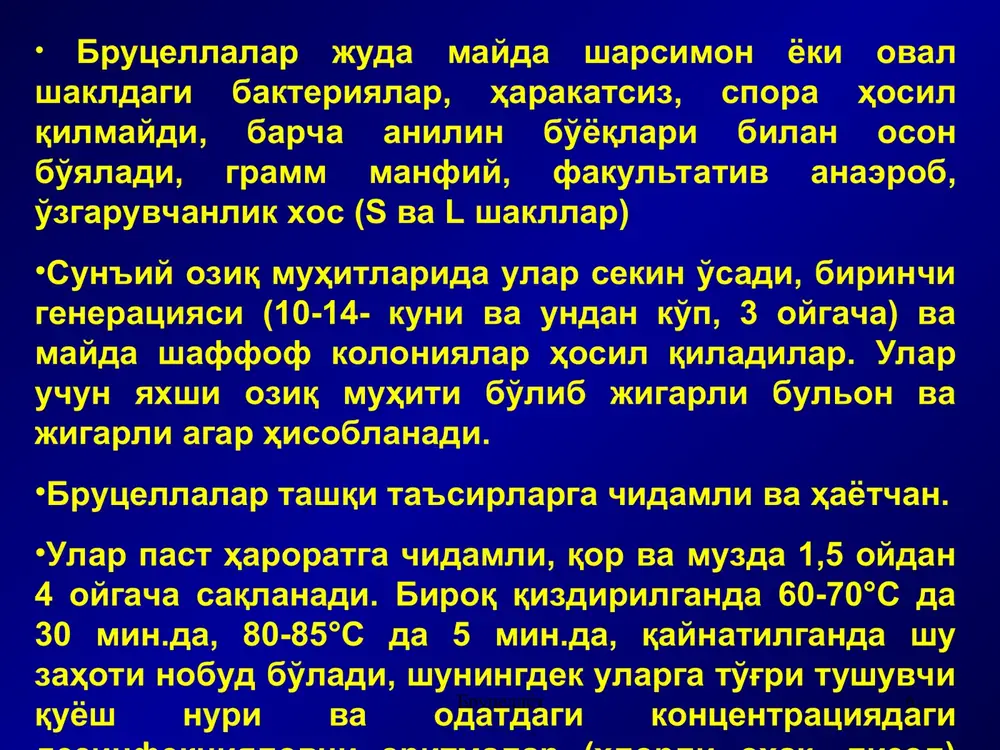 r fazasida turli a'zolar limfatik tugunlari va retikulo-gistiotsitar hosilalarida ekssudativ yallig'lanishli o'zgarishlar paydo bo'ladi va ularda seroz yallig'lanish uchraydi (jigar, taloq, suyak ko'migi). infektsionreaktiv vaskulit yuzaga keladi. kasallikning nimo'tkir va surunkali fazalarida produktiv yallig'lanish jarayonlari ustunlik qilidi va epitelioid, retikulyar, plazmatik va yagona ko'p yadroli gigant hujayralardan tuzilgan spetsifik brutsellyoz granulyomalari hosil bo'ladi. kasallikning infektsion-allergik xarakteri biriktiruvchi to'qima, tomirlarning tizimli zararlanishi va reaktiv retikuloendotelioz rivojlanishi bilan namayon bo'ladi. brutsellyoz brutsellyoz * brutsellyoz brutsellyoz * brutsellyoz klinikasi brutsellyoz klinik sindromlari turli tumanligi bilan farqlanadi, o'tkir, o'tkir osti shaklda kechishi mumkin, ko'pincha kasallikning surunkali va qoldiq shakligi o'tadi. bemorlarda brutsellyozning turli klinik shakllari shakllanadi. hozirgi vaqtda brutsellyozning g.p.rudneva (1949) n.i.ragozi (1941) klinik tasniflari va boshqa modifikatsiyalari qabul qilingan. brutsellyoz klinikasi ragoze tasnifiga muvofiq bayon etamiz. brutsellyoz brutsellyoz * n.i. ragoze buyicha brutsellyoz klinik shakllari tasnifi. ikkilamchi surunkali shakli birlamchi surunkali shakli: a) yashirin; b) ifodalangan. kompensir-langan infektsiya fazasi maxalliy zararlanishsiz utkir sepsis …