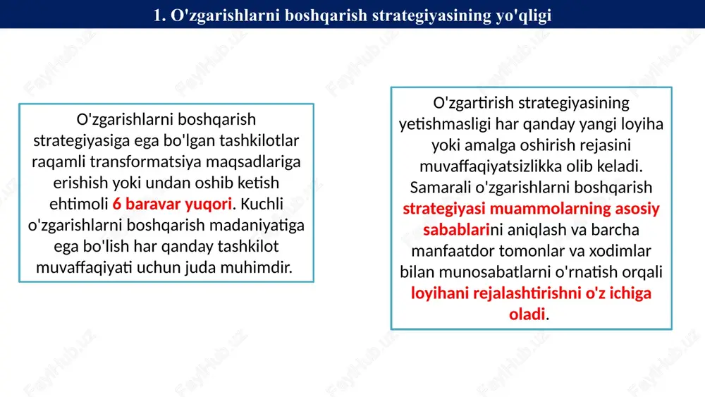ratadigan raqamli transformatsiya tashabbuslariga faol yondashish imkonini beradi. 3. raqamli transformatsiya bo‘yicha maslahatchi yollash har bir o'zgarish raqamli transformatsiya emas - raqamli transformatsiya asosiy jarayonlar, vositalar va tajribalarni butunlay qayta tartibga solishdir. aksariyat tashkilotlar hech qachon bu kabi o'zgarish jarayonini boshdan kechirmagan va bu miqyosdan qo'rqib ketishi mumkin bo'lgan tashkilotlar uchun qo'rqinchli muammo tug'diradi. raqamli transformatsiya bo'yicha maslahatchini yollash sizga buni ilgari qilgan va nima qilayotganini biladigan mutaxassislarning qulayligini ta'minlaydi. ular sizga muvaffaqiyatga erishish uchun asos va asos bilan ta'minlaydi, buni qo'llab-quvvatlash uchun tajriba bilan. 4. biznes maqsadlarini raqamli transformatsiya strategiyasi bilan muvofiqlashtirish tashkilotingizning raqamli transformatsiyasining sabablari nimada? bu yangi jarayonlarni amalga oshirishda siz ishlayotgan barcha narsalarning asosiy va markazi bo'lishi kerak. mijozlaringizning ehtiyojlarini va takliflaringiz, mahsulotingiz va xizmatlaringizdagi og'riqli nuqtalar va ishqalanish joylarini tushuning. infratuzilmani yaxshilashga muhtoj bo'lgan eskirgan tizimlarni aniqlash uchun joriy jarayonlaringizni tahlil qiling. oxir oqibat, o'zgartirish jarayoni sizning asosiy biznes maqsadlaringizga to'g'ridan-to'g'ri mos kelishi kerak. bu …