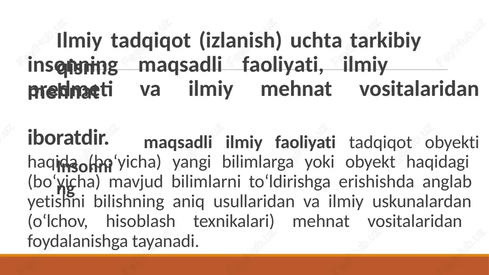 tadqiqotlar natijalarini taqqoslash, ularning farqlarini tahlil qilish; tadqiqot obyekti nazariy modelini aniqlashtirish va xulosalar; ishchi farazni nazariyaga yoki uning raddiga aylantirish; ilmiy va ishlab chiqarish xulosalarini shakllantirish, tadqiqot natijalarini baholash; ilmiy-texnikaviy hisobot tuzish va uni retsenziya qildirish. 6-bosqich. joriy etish va iqtisodiy samaradorlik: tadqiqot natijalarini ishlab chiqarishga joriy etish; iqtisodiy samarani belgilash. ishlanmalarni, loyiha konstruktorlik ishlarini (lki) bajarish jarayoni quyidagi bosqichlardan iborat bo‘ladi: 1-bosqich. dolzarblikni asoslash va mavzuni shakllantirish, lkining maqsad va vazifalarini shakllantirish (iti 1-, 2- bosqichlaridagi ishlar bajariladi). 2-bosqich. texnikaviy topshiriq va taklif: eksperimental namunani loyihalashda texnikaviy topshiriqni ishlab chiqish; texnikaviy-iqtisodiy asos; patentga loyiqlikni tekshirish. 3-bosqich. texnikaviy loyihalash: – texnikaviy loyihalar talqinlarini ishlab chiqish va samaralirog‘ini tanlash; – ayrim qism va bloklarni ishonchlilik ko‘rsatkichlarini tekshirish uchun yaratish; texnikaviy daraja va sifatni belgilash, texnikaviy-iqtisodiy ko‘rsatkichlarni hisoblash; texnikaviy loyihani kelishib olish. 4-bosqich. ishchi loyihalash: ishchi loyihani ishlab chiqish; zarur konstruktorlik hujjatlarini tayyorlash. 5-bosqich. tajribaviy namuna tayyorlash: ishlab chiqarishni texnologik tayyorlash: …