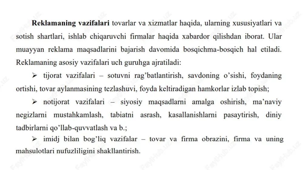 o, inshoot sirtqi qismining muayyan yuzasi; reklama joyining pasporti — qoraqalpog‘iston respublikasi vazirlar kengashi, viloyatlar hamda toshkent shahar hokimliklari tomonidan beriladigan hujjat bo‘lib, ushbu hujjat yuridik va jismoniy shaxslarning tashqi reklama va axborot obyektlarini (konstruksiyalarini) unda ko‘rsatilgan yer uchastkasiga, binoga yoki inshootga, mulk shaklidan qat’i nazar, o‘rnatish huquqini tasdiqlaydi; reklama joyi pasportining egasi — davlat mulki bo‘lgan yer uchastkasiga, binoga yoki inshootga yagona elektron savdo maydonchasi orqali ochiq elektron auksion asosida yoxud xususiylashtirilgan yer uchastkalariga, shuningdek xususiy mulk bo‘lgan binolarga yoki inshootlarga — xususiylashtirilgan yer uchastkasining, binoning yoxud inshootning mulkdori bilan tuzilgan shartnoma asosida tashqi reklama va axborot obyektini (konstruksiyasini) o‘rnatish huquqini olgan yuridik yoki jismoniy shaxs; reklama obyekti — e’tiborni jalb etish uchun reklama o‘ziga nisbatan yo‘naltirilgan tovar, shu jumladan tadbirlar, texnologiyalar, individuallashtirish vositalari, intellektual faoliyat natijalari, shuningdek jismoniy yoki yuridik shaxslar to‘g‘risidagi axborot; reklamaga oid faoliyat — reklamaning aylanishi sohasida ishlar hamda xizmatlarni bajarish bilan bog‘liq faoliyat; reklama …
