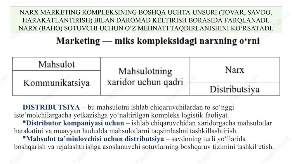 narxga oid bilimlarga egalik), aqliy salohiyat, tajriba, sotuvchiga ishonch, o‘ziga ishonch, markaga sodiqlik va boshqalar. 3. vaziyatli omillar: narxni taklif etish usuli (shakli, narx strukturasi) to‘lov shakli, vaqt bosimi, raqobatchi takliflari va narxlari, xaridorning kopmleks muammolari, narxlarning o‘zgaruvchangligi, narx etiketkalarining mavjudligi, mahsulotni ishlatishdan maqsad, xaridorning xarid qobilyati, sotish joyi (gipermarket yoki oddiy chakana savdo do‘koni) ning narx imiji. narx «ostonasi» samarasi quyidagilar bilan izohlanadi. narxdan qoniqqanlikning vujudga kelishi va oqibatlari narx xavfsizligi narxning ishonchliligi narx belgilash strategiyasini ishlab chiqishning besh bosqichi mavjud: - narx belgilash maqsadlarini shakllantirish; - narx belgilashning umumiy siyosati; - narx belgilash strategiyasining o‘zi; - narx belgilash strategiyasini amalga oshirish; - narxlarni moslashtirish. thank you for your attention…