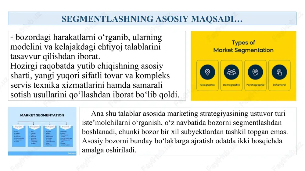 siyani tanlash; maqsadli marketing dasturi: maqsadli segmentlarning tavsifnomalariga moslashtirilgan marketing dasturini ishlab chiqish. ijtimoiy-demografik segmentlash - segmentlashning bilvosita usuli bo‘lib, iste’molchilar qidirayotgan ustunlikdagi farqlarni aynan ijtimoiy-demografik tafovutlar belgilaydi. erkak va ayollarning kiyim-kechak, bosh kiyimlar, kosmetika, zargarlik buyumlari kabi tovarlarga bo‘lgan ehtiyojlari turlichadir, xuddi shunday tafovutni yoshlar va keksalar, daromadi yuqori va past bo‘lgan tabaqalar, shahar va qishloq aholisi o‘rtasida ham kuzatish mumkin. shu tariqa, ijtimoiy-demografik mezonlar ehtiyojlarning indikatori sifati foydalaniladi. ijtimoiy-demografik segmentlashda eng ko‘p qo‘llaniladigan ko‘rsatkichlar iste’molchining yashash joyi, jinsi, yoshi, daromadi, ijtimoiy sinfi kabi rivojlangan mamlakatlarda olish oson bo‘lgan ma’lumotlardir. amalda ijtimoiy-demografik segmentlash bir paytning o‘zida ikki yoki uchta ko‘rsatkichga tayanadi. xulq-atvorga ko‘ra segmentlash. bozorni segmentlarga ajratish uchun asos mumkin bo‘lgan holat xarid paytidagi xulq-atvordir. bu holda quyidagi mezonlardan foydalanish mumkin. foydalanuvchining maqomi. potensial foydalanuvchilar, foydalanmaydiganlar, birinchi bor foydalanayotganlar, muntazam va muntazam bo‘lmagan foydalanuvchilarni bir-biridan farqlash mumkin. bu toifalarning har biri uchun turli xil kommunikasiya strategiyalarini ishlab chiqish mumkin. …