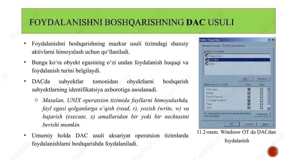hqaruvchi bo‘lsa, “u holda” maxfiy ma’lumotni o‘qish/ yozish huquqi berilsin xacml (extensible access control markup language) xacml (extensible access control markup language) bo‘lib, 2001 yilda oasis (organization for the advancement o f structured information standards) tomonidan ishlab chiqilgan. xacml standartida quyidagi asosiy tushunchalar mavjud: qoidalar (mles), siyosat (policy), qoidalar va siyosatni mujassamlashtirgan algoritmlar (mle- combing algorithms), atributlar (attributes) (subyekt, obyekt, harakat va muhit shartlari), majburiyatlar (obligations) maslahatlar (advices). abac usuliga misol foydalanishni boshqarishning mazkur usulidan cisco enterprise policy manager mahsulotlarida, amazon web service, openstack kabilarda foydalanib kelinmoqda. foydalanishni boshqarish matritsasi avtorizatsiyaning klassik ko‘rinishi lampsonning foydalanishni boshqarish matritsasidan boshlanadi. ushbu matrisa operatsion tizimni barcha foydalanuvchilar uchun turli ma’lumotlarni boshqarishi xususidagi qarorni qabul qilishida zarur bo‘lgan barcha axborotni o‘z ichiga oladi. bunda, operatsion tizimdagi foydalanuvchilar subyekt sifatida va tizim resurslari obyekt sifatida qaraladi. avtorizatsiya sohasidagi ikkita asosiy tushuncha mavjud: foydalanishni boshqarish ro‘yxati (access control list, acl) imtiyozlar royxati (capability list, s-list) har …