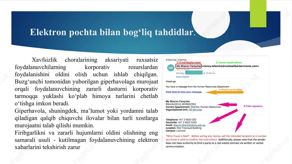 a’lumotlarni tasdiqlash yoki yangilash kerakligi haqidagi so‘ovni qabul qiladi. tizim pin kodni yoki parolni kiritish orqali foydalanuvchi tasdig‘ini talab qiladi. natijada, muhim ma’lumotlarni qo‘lgan kiritgan buzg‘unchi foydalanuvchi ma’lumotlaridan foydalanish imkoniyatiga ega bo‘ladi. preteksting mazkur fishing sxemasida xaker o‘zini boshqa shaxs sifatida ko‘rsatadi va oldindan tayyorlangan senariy (skript) bo‘yicha maxfiy axborotni olishni maqsad qiladi. ushbu hujumda qurbonni shubhalanmasligi uchun tegishli tayyorgarlik ko‘riladi: tug‘ilgan kun, inn, pasport raqamni yoki hisob raqamining oxirgi belgilari kabi ma’lumotlar topiladi. ushbu fishing sxemasi odatda telefon yoki elektron pochta orqali amalga oshiriladi. kvid pro kvo (lot: quid pro quo). ushbu ibora ingliz tilida “xizmat uchun xizmat” degan ma’noni anglatib, sotsial injineriyaning mazkur turida xaker korporativ tarmoq yoki elektron pochta orqali kompaniyaga murojaatni amalga oshiradi. ko‘pincha xaker o‘zini texnik xizmat ko‘rsatuvchi sifatida tanitib, texnik xodimning ish joyidagi muammolarni bartaraf etishda “yordam berishini” aytadi. texnik muammoni “bartaraf’ etish vaqtida nishondagi shaxsni buyruqlarni bajarishga yoki jabrlanuvchining kompyuteriga turli xil dasturlarni …