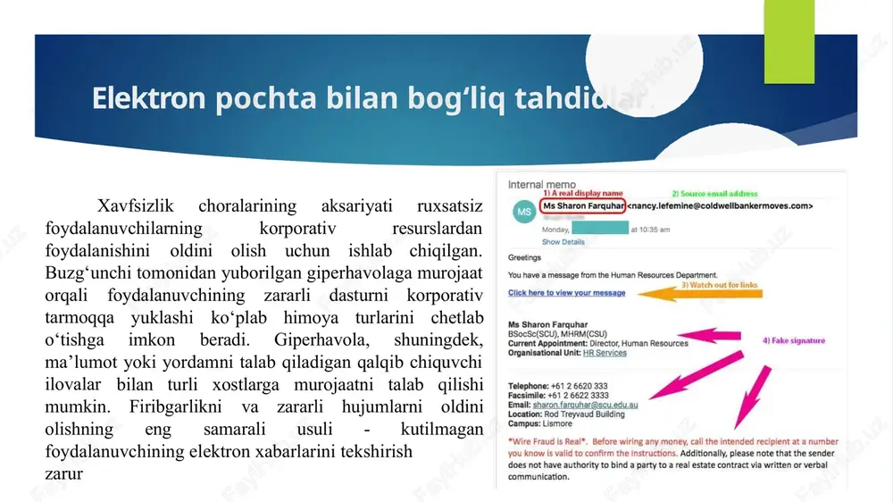 a qandaydir ma’lumotlarni tasdiqlash yoki jabrlanuvchi bank bilan bog‘lanib, yangilash kerakligi haqidagi so‘ovni qabul qiladi. tizim pin kodni yoki parolni kiritish orqali foydalanuvchi tasdig‘ini talab qiladi. natijada, muhim ma’lumotlarni qo‘lgan kiritgan buzg‘unchi foydalanuvchi ma’lumotlaridan foydalanish imkoniyatiga ega bo‘ladi. preteksting mazkur fishing sxemasida xaker o‘zini boshqa shaxs sifatida ko‘rsatadi va oldindan tayyorlangan senariy (skript) bo‘yicha maxfiy axborotni olishni maqsad qiladi. ushbu hujumda qurbonni shubhalanmasligi uchun tegishli tayyorgarlik ko‘riladi: tug‘ilgan raqamni yoki hisob raqamining kun, inn, pasport oxirgi belgilari kabi ma’lumotlar topiladi. ushbu fishing sxemasi odatda telefon yoki elektron pochta orqali amalga oshiriladi. kvid pro kvo (lot: quid pro quo). ushbu ibora ingliz tilida “xizmat uchun xizmat” degan ma’noni anglatib, sotsial injineriyaning mazkur turida xaker korporativ tarmoq yoki elektron pochta orqali kompaniyaga murojaatni amalga oshiradi. ko‘pincha xaker o‘zini texnik xizmat ko‘rsatuvchi sifatida tanitib, texnik xodimning ish joyidagi muammolarni bartaraf etishda “yordam berishini” aytadi. texnik muammoni “bartaraf’ etish vaqtida nishondagi shaxsni buyruqlarni bajarishga …