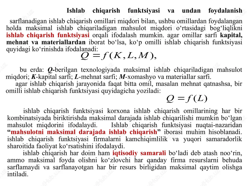day bir nuqtaga erishiladiki, shu nuqtadan boshlab qo‘shimcha sarflangan omil birligi ishlab chiqarish hajmini kamaytira boshlaydi. aytaylik qo‘llanilayotgan asbob-uskunalar (kapital) hajmi o‘zgarmasdan ishchi kuchi sarfi oshirib borilmoqda. ishlab chiqarishning birinchi bosqichida mehnat sarfini oshirish kapitaldan unumliroq foydalanishga yordam beradi: chekli va umumiy unumdorlik darajasi oshadi. bu chekli va o‘rtacha mahsulotni oshishida o‘z ifodasini topadi, bunda mr > ar. ikkinchi bosqichda chekli mahsulot hajmi kamaya boshlaydi va o‘rtacha mahsulotga teng bo‘lib qoladi: mr = ar. * uchinchi bosqichda chekli mahsulot hajmi o‘rtacha mahsulot hajmidan kichik bo‘ladi mr => => => => => * ishlab chiqarish ko‘lami samarasi ishlab chiqarishni kengaytirishdan ko‘riladigan uch xil samarani qayd etish mumkin: 1. ishlab chiqarish ko‘lamini kengaytirishning musbat (o‘suvchi) samarasi - ishlab chiqarish omillari sarfini o‘sishi sur`atiga nisbatan mahsulot hajmini o‘sish sur`atlari yuqori (δq > δf). 2. ishlab chiqarish ko‘lamini kengaytirishning o‘zgarmas samarasi - ishlab chiqarish omillari sarfini o‘sishi sur`ati mahsulot hajmini o‘sishi sur`atiga teng (δq …