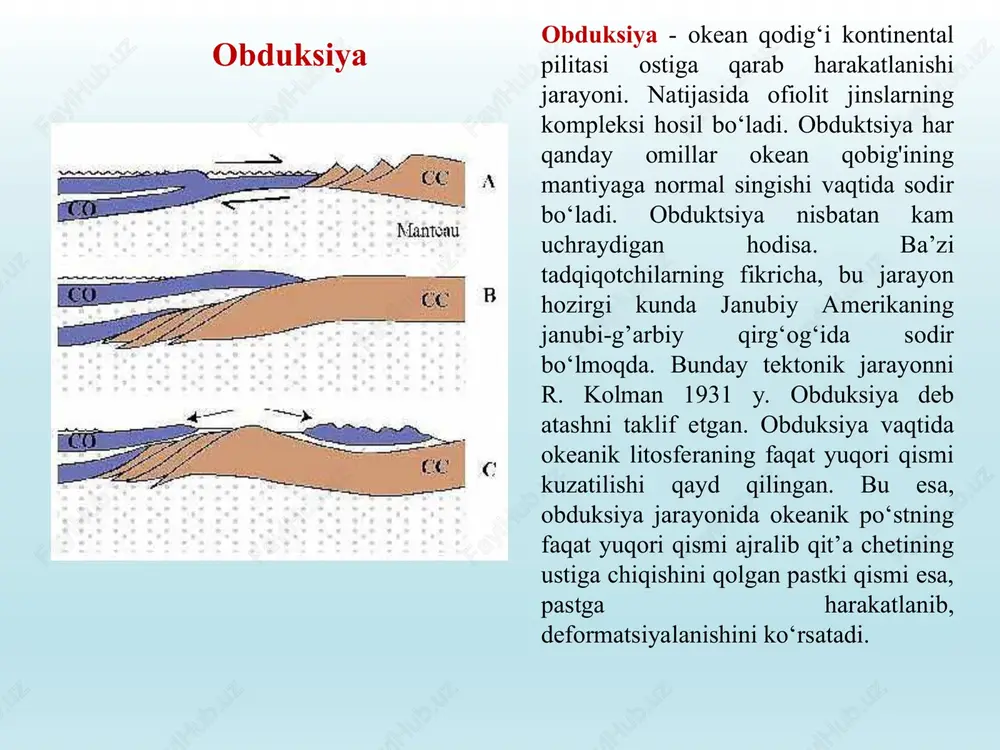 sh mumkinligini taklif qildi. “neptunistlar” suvni yer yuzini o‘zgartiradigan asosiy agent deb hisoblashgan va barcha jinslar, shu jumladan granit va bazalt dengiz suvidan cho‘kma natijasida hosil bo‘lgan deb ta’kidlashgan. “neptunistlar” yetakchisi abraxam gotlob verner (1749-1817). “plutonistlar” granit, bazalt va yerning tektonik harakatlarining asosiy manbalarini “yer osti tempraturasi” bilan bog‘lashdi. “plutonistlar” ning yetakchisi nemis geologi, getton, xatton jeyms (1726, 1797), shotlandiyalik tabiatshunos - geolog. granitlarning intruziv kelib chiqishini isbotladi. “yer nazariyasi” (1788) asarida yer tarixini ba’zi qit’alarning parchalanishi va boshqalarning paydo bo‘lishi davriy o‘zgarishi bilan sikllarning cheksiz takrorlanishi sifatida tasvirlagan. qadimgi va zamonaviy geologik jarayonlarning o‘xshashligini ko‘rsatdi. “neptunistlar” va “plutonistlar” tektonik harakatlarini tushuntirishda ikkita asosiy yo‘nalish mavjud: xvii asrning eng yirik tabiatshunoslari rene dekart va gotfrid leybnis quyidagilarni taxmin qilishgan: - yer dastlab quyosh kabi erigan edi; keyin u soviy boshladi va qattiq qobiq bilan qoplandi; - bug‘larning qalinlashishi keyinchalik dunyo okeanini yaratdi. rene dekart gotfrid leybnis 1596, lae (turen) 1650, …