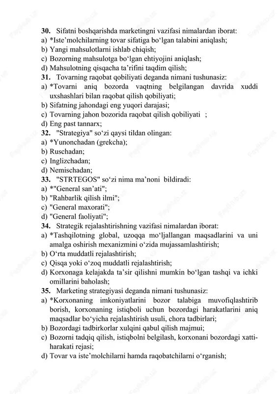 faoliyatiga rag‘batlantiruvchi vositalar; b) tegishli zarurat ehtiyojni birlamchi qondirish uchun amalga oshiriladigan yo‘llar, uslublar; c) kishilarni xulq - atvorini o‘rganish; d) kishilar faoliyatini ruxiy yo‘llar bilan maqsadga muvofiq yo‘naltirish; 39. iste mol tovarlarini savdo qilish xususiyatiga ko‘ra qandayʼ turkumlanadi: a) *kundalik iste mol tovarlari, dastlabki tanlov asosida olinadiganʼ tovarlar, aloxida talabga ega bo‘lgan tovarlar, passiv talabdagi tovarlar; b) kundalik istmol tovarlari, dastlabki tanlov asosida olinadigan tovarlar, aloxida olinadigan tovarlar, aloxida talabga ega bo‘lgan tovarlar; c) aloxida talabga ega bo‘lgan tovarlar, kundalik iste mol tovarlari;ʼ d) passiv talabdagi tovarlar, dastlabki tanlov asosida olinadigan tovarlar; 40. xaridorlik xulq atvoriga qanday omillar ta sir etadi:ʼ a) *madaniy jihatdagi omillar, ijtimoiy jihatdagi omillar, shaxsiy jihatdagi omillar, psixologik jihatdagi omillar; b) madaniy jihatdagi omillar, psixologik omillar; c) ijtimoiy omillar, psixologik omillar; d) shaxsiy jihatdagi omillar, ijtimoiy jihatdagi omillar; 41. talabni bashorat qilishning qanday uslublaridan foydalaniladi: a) *dinamik qator ekstrapolyasiyasi, interpolyasiya, ekspert baholash, iqtisodiy - matematik …