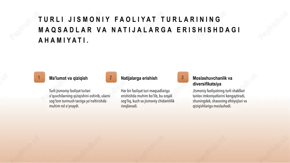 ir. mahalliy resurslardan foydalanish: sinfdan tashqari jismoniy tarbiya usullari 1 mahalliy resurslar - mahalliy resurslardan foydalanish sinfdan tashqari jismoniy tarbiya uchun iqtisodiy va amaliy imkoniyatlarni kengaytiradi. mahalliy parklar, sport maydonchalari va tabiiy muhitdan foydalanish samarali va qulay usullardir. 2 jangovar va milliy o‘yinlar - mahalliy jangovar va milliy o‘yinlar, masalan, kurash va tosh bosish, yoshlar orasida sportga qiziqishni oshiradi va milliy merosni saqlashda muhimdir. 3 mahalliy mutaxassislar va trenerlar - mahalliy murabbiylar va mutaxassislar bilan hamkorlik, sport mashg’ulotlarining sifatini oshiradi, yoshlar uchun motivatsiya va to'g'ri yo'nalishni ta'minlaydi. 4 tabiiy muhit va resurslar - mahalliy tabiiy muhit va resurslardan foydalanish, jismoniy faoliyatlarni kengaytiradi, sog‘lom turmush tarzini shakllantirishda muhim rol o‘ynaydi. jismoniy tarbiya ishlarining natijalari: o'quvchilarning farovonligi va rivojlanishi 1 jismoniy faoliyat natijalari jismoniy tarbiya natijalari o‘quvchilarning jismoniy salomatligi, energiya darajasi va umumiy farovonligini oshirishga yordam beradi, ularni sog‘lom hayotga tayyorlaydi. 2 ruhiy rivojlanish sport va jismoniy mashg‘ulotlar stressni kamaytiradi, ijobiy fikrlashni …