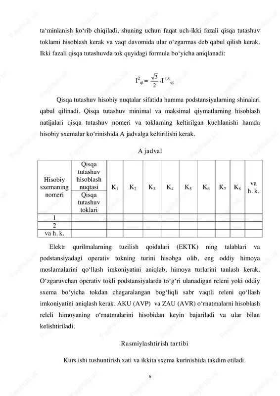 . =85 kvt uyu=115 kv uk = 10,5 % up=35 kv ±9 x 1,78 % tmn – 6300 kva sn=6,3 mva rq.t. =46,5 kvt uyu=35 kv u k = 7,5 % up=11 kv ±6 x 1,5 % tmn – 4000 kva sn=4 mva r q.t. =33,5 kvt uyu=35 kv u k = 7,5 % up=6.3 kv ±6 x 1,5 % liniya va transformatorlarning qarshiliklarini hisoblashni nisbiy birlikda olib boramiz. buning uchun bazisli shartlarini qabul qilamiz: sb= 100 mva, ub1= 115 kv, ubii = 37 kv, ubiii = 10,5 kv, ubiv= 6,3 kv 11 l1 liniya uchun 394,0 37 100 2027,0 2201  bi bazb l u s lrr 628,0 37 100 2043,0 2201  bi bazb l u s lxx 628,0394,0111 jjxrz b l b l b l  l2 liniya uchun 197,0 37 100 1027,0 2201  bi bazb l u s lrr 314,0 37 100 1043,0 2201  …