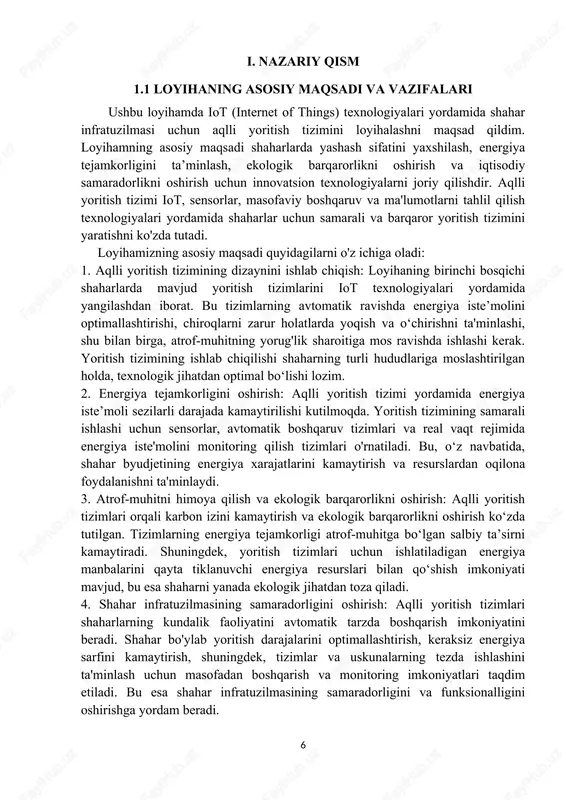 ritish tizimlarining iqtisodiy jihatdan samarali bo‘lishi loyihamning muhim maqsadlaridan biridir. tizimlarni avtomatlashtirish orqali texnik xizmat ko‘rsatish xarajatlarini kamaytirish, uzluksiz va samarali ishlashini ta’minlash, shuningdek, energiya sarfini kamaytirish orqali shaharning iqtisodiy holatini yaxshilashga erishiladi. uzoq muddatda, aqlli yoritish tizimlari shaharlar uchun yuqori darajadagi iqtisodiy foyda keltiradi. 7. jamoatchilik va yashash muhitining xavfsizligini oshirish: aqlli yoritish tizimlari shaharlarning xavfsizligini oshirishga ham yordam beradi. tunda ko‘chalar va parklar hududlarida yoritish darajasini oshirib, jinoyat darajasini kamaytirishga yordam beradi. shuningdek, xavfsizlik kameralarini yoritish tizimi bilan birgalikda ishlatish orqali shahar xavfsizligini mustahkamlash mumkin. loyihamning yakuniy maqsadi shaharlarda energiya iste'molini kamaytirish, ekologik barqarorlikni ta’minlash va fuqarolarning yashash sharoitlarini yaxshilash uchun yangi texnologiyalarni joriy qilishdan iborat bo‘lib, bu esa shaharlarni aqlli va barqaror rivojlanishga olib keladi. shahar infratuzilmasida yoritish tizimlari muhim rol o‘ynaydi, chunki ular nafaqat shahar estetikasi, balki xavfsizlik va energiya samaradorligini ta'minlashda ham muhim ahamiyatga ega. biroq, hozirgi kunda ko‘plab shaharlarda yoritish tizimlariga oid bir qator …