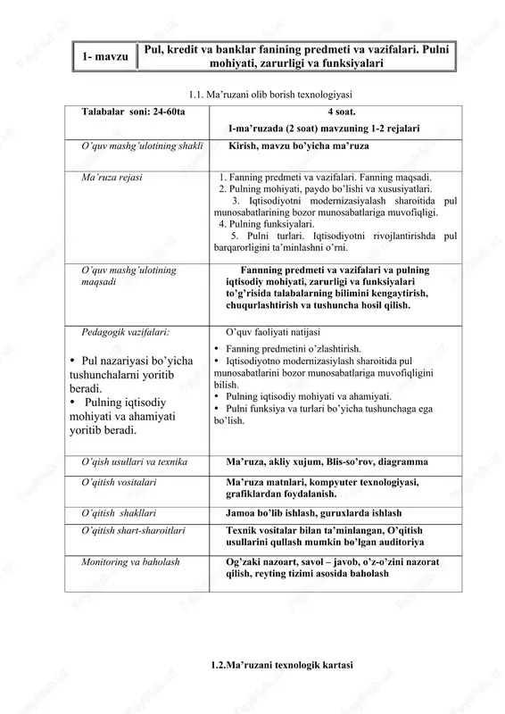 ing? b) pulni iqtisodiy mohiyati va ahamiyati tushuntirib bering? 2.4.tayanch iboralariga talabalarni diqqatini qaratadi va yana bir takrorlanadi. 2.1.tinglaydi-lar 2.2.tinglaydi-lar, slaydlarga e’tibor qaratadi, yozib oladi va savollar beradi 2.3. savollarga javob berdilar 2.4.tayanch iboralarini muhokama qiladilar va yozib oladilar 3-bosqich. yakuniy. (10 min.) 3.1.o’tilgan mashg’ulot bo’yicha yakunlovchi xulosa qiladi. 3.2.mustaqil tayyorgarlik uchun uyga vazifa beriladi. bunda darslik va boshqa adabiyotlar, materiallardan pulningning funksiyalari va ular bo’yicha nazariyalarni tushunib kelish topshiriladi. 3.3.talabalarning faoliyatiga baho qo’yiladi va rag’batlantiriladi. 3.4.kelgusi mashg’ulotga tayyorgarlik ko’rish uchun topshiriqlar va foydalaniladigan adabiyotlar ro’yxati beriladi. 3.1.talabalar eshitadilar, yozib oladilar. 3.2.topshirik oladilar 3.3.eshitadilar 3.4.eshitadi va uumga qaraydilar mavzu bo’yicha 2-ma’ruzada mavzuning 3-5 rejalari yuqoridagi tartibda shu savollarni xususiyatidan kelib chiqib ko’rib chiqiladi. 1-ilova (1.1.) 2-ilova (1.1.) 3-ilova (1.1.) kurs bo’yicha talabalarni o’zlashtirish, baholash mezonlari nazorat shakllari jami ballar 1. joriy baholash (6 ball): a) tinglovchining ma’ruza va amaliy mashg’ulotdagi aktivligi; b) uy vazifasini bajarish; v) berilgan topshiriqlarni bajarishi (referat, …