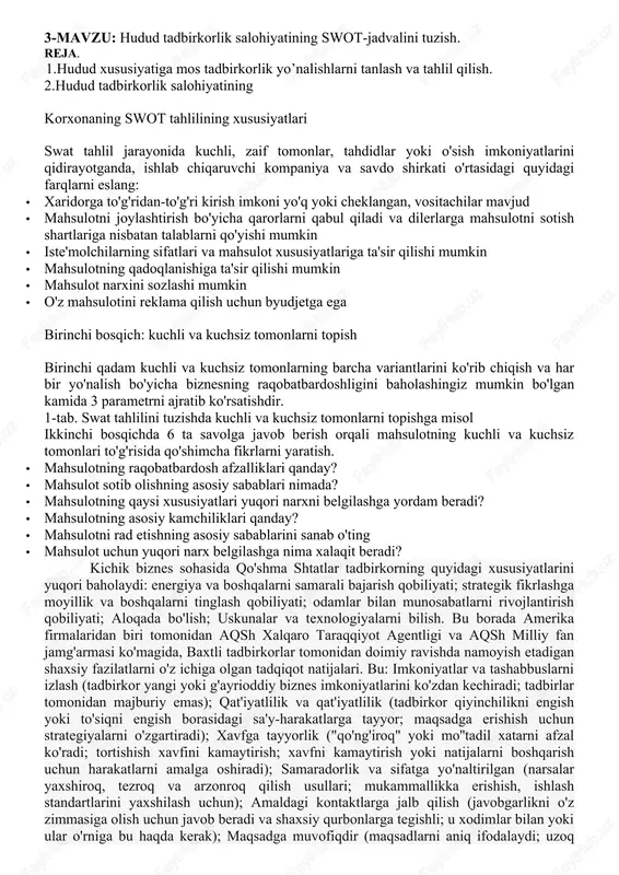berish, ta’lim xizmati va boshqalar shular jumlasidandir. ishlab chiqarish tadbirkorligi faoliyat sohasini tanlash tadbirkorning moliyaviy resurslari va shaxsiy moyilligi orqali belgilanadi. dastlab marketing tadqiqotlari o‘tkaziladi, bozor o‘rganiladi, taklif etiladigan tovarning qay darajada iste’molchiga zarurligi, talabning darajasi va o‘zgarishi, talab darajasiga ta’sir ko‘rsatuvchi omillar, taxminiy xarajatlar va sotish hajmlari aniqlanadi. tijorat tadbirkorligi aytaylik, sizda ishlab chiqarish tadbirkorligi uchun yetarli resurs bo‘lmasligi mumkin. u holda siz ishlab chiqarish resurslari kabi katta ehtiyoj talab etmaydigan, ko‘proq aylanma mablag‘lar yetakchi o‘rin tutadigan tijorat tadbirkorligi bilan shug‘ullanishingiz mumkin. 11 tijorat tadbirkorligi – tovar-pul munosabatlari va savdo-ayirboshlash operatsiyalariga, ya’ni tovar va xizmatlarni qayta sotishga asoslangan faoliyat. chakana va ulgurji savdo, turli mol-mulklar, shu jumladan ko‘chmas mulklar savdosida vositachilik qilish tijorat tadbirkorligiga misol bo‘la oladi. tijorat tadbirkorligida tovarni sotish narxi uning xarid narxidan yuqori bo‘lishi asosiy qoida hisoblanadi. shunga ko‘ra, tijorat tadbirkorligini amalga oshirishdan avval bozor holati puxta tahlil qilinadi. moliyaviy tadbirkorlik siz, shuningdek, maxsus bilim va …