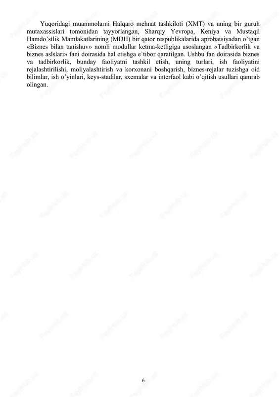 h vazifa kilib belgilanishi yoki amalga oshirishning davlat tomonidan maxsus mexanizmi yaratilishi shartligi, uning muxim yullaridan biri sifatida erkin tadbirkorlikka keng yul ochib berilishi bilan xarakterlanadi. ushbu davrni shartli ravishda 4 ta davrga xam bulishimiz mumkin. 1-davr. kaytadan uygonish davri, asosan 90 yillarning boshlariga tugri keladi. bu davrda tadbirkorlik va kichik biznesning xukukiy bazasi tashkil etildi.kayta uygonish davrining asoschisi prezidentimiz i.a.karimov. 2-davr. tiklanish (oyokka turish) davri, 1999-2000 yillarni karab oladi.bu vaktda kichik va urta biznes korxonalari shakllantirildi. 3-4 davr. barkarorlashtirish va yuksaltirish. bu kelgusi davrga tugri keladi. 3.tadbirkorlik uchun zarur bo’lgan shart-sharoitlar. tadbirkorlikni rivojlantirish uchun quyidagi shart-sharoitlar talab etiladi: 1 mulk munosabatlarining uyg’unlashuvi. bozor iqtisodiyoti sharoitida mulkiy munosabatlar uch jihat bilan belgilanadi: - · egalik qilish, ya`ni mulk egasi sifatida mulkka to’la xukumronlik qilish: sotish, ijaraga berish, hadya etish; · foydalanib turish, ya`ni mulk egasining nazorati asosida ma`lum shart va to’lov evaziga mulkdan vaqtincha foydalanish; · operativ tezkor boshqarishni, yangi …
