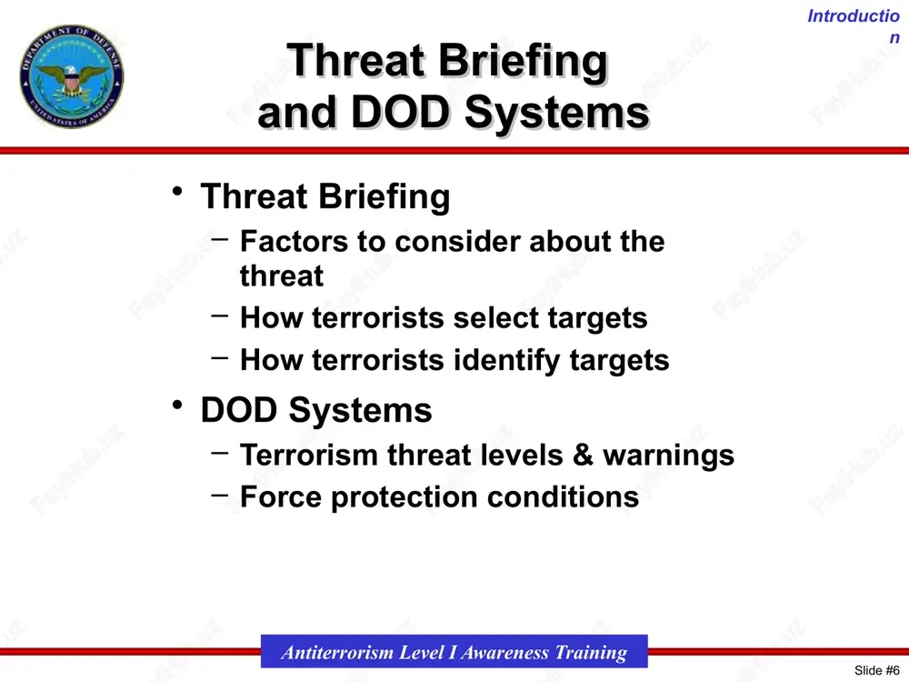an make a difference. it is important to know whether a terrorist group has local popular support. if they do not have popular support, the local population is more likely to warn americans about things leading up to an attack. the defense department and agencies of the u.s. government study these factors to increase protection of u.s. forces. your personal awareness can contribute to these efforts by the u.s. government. target selection introduction slide #‹#› antiterrorism level i awareness training 9 you should be aware at all times that you may be vulnerable to terrorist attack. several factors make you a possible target, and you should keep these in mind wherever you go. you might be a victim merely by being at a place targeted by terrorists. for example, timothy mcveigh bombed the murrah building in oklahoma city because it was a symbol of the u.s. government. he did not …