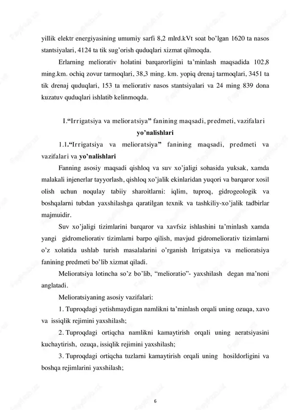 idrogeologik va boshqalarni tubdan yaxshilashga qaratilgan texnik va tashkiliy-xo’jalik tadbirlar majmuidir. suv xo’jaligi tizimlarini barqaror va xavfsiz ishlashini ta’minlash xamda yangi gidromeliorativ tizimlarni barpo qilish, mavjud gidromeliorativ tizimlarni o’z xolatida ushlab turish masalalarini o’rganish irrigatsiya va melioratsiya fanining predmeti bo’lib xizmat qiladi. melioratsiya lotincha so’z bo’lib, “melioratio”- yaxshilash degan ma’noni anglatadi. melioratsiyaning asosiy vazifalari: 1. tuproqdagi yetishmaydigan namlikni ta’minlash orqali uning ozuqa, xavo va issiqlik rejimini yaxshilash; 2. tuproqdagi ortiqcha namlikni kamaytirish orqali uning aeratsiyasini kuchaytirish, ozuqa, issiqlik rejimini yaxshilash; 3. tuproqdagi ortiqcha tuzlarni kamaytirish orqali uning hosildorligini va boshqa rejimlarini yaxshilash; 7 4. suv va shamolning zararli mexanik ta’sirlarini bartaraf etish. melioratsiyaning asosiy vazifasi: yerlarning meliorativ xolatini yaxshilash orqali o’simlik uchun zarur bo’lgan suv, havo, issiqlik, yorug’lik va oziqlanish rejimini ta’minlash va boshqarishdir. irrigatsiya va melioratsiya vazifalarini belgilashda asosiy ko’rsatkichlardan biri, bu tabiiy iqlim koeffitsiyentidir. tabiiy iqlim koeffitsiyenti nima, qanday aniqlanadi? tuproqning tabiiy namlanganligi xududning iqlim sharoitiga bog’liq hisoblanadi. …