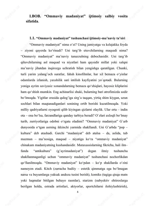l – yarog’ning turli ko‘rinishlaridan foydalangan. hozirgi zamondagi eng katta xavf insonlarning qalbi va ongini egallash uchun uzluksiz davom etayotgan mafkuraviy kurash tusini oldi. endilikda yadro poligonlarida emas, mafkura maydonlarida bo‘layotgan kurashlar ko‘p narsani hal qiladi. ayni paytda g’oyaviy – mafkuraviy kurashlar yer yuzini, barcha mintaqa va mamlakatlarni qamrab olmoqda. bugun bu jarayonlardan biror kishi yoki mamlakat chetda qolmaydi. ayniqsa, diniy ekstremizm, fundamentalizm va boshqa axloqsizlik g’oyalarini kishilar ongiga singdirishdan iborat mafkuraviy - ma’naviy tajovuzlar mintaqaviy va umumbashariy muammo darajasiga chiqib, unga qarshi mafkuraviy immunitetni shakllantirishni taqozo qilmoqda. ayni paytda dunyoda demokratiya va erkinlik, oshkoralikning “yagona standart”ini zo‘r berib targ’ib qilayotgan buzg’unchi kuchlar insonlar ongiga ta’sir ko‘rsatishning turli yo‘llaridan foydalanishga harakat qilmoqda. “ommaviy madaniyat” ana shu yo‘lda juda muhim vazifani – inson ma’naviyatini yo‘qotish orqali uni bo‘ysundirishga xizmat qiladi. ularning fikricha, har bir millat, mamlakatning milliy madaniyati va qadriyatlari “eskilik sarqiti” bo‘lib, ular ko‘z – ko‘z” qilayotgan “madaniyat” esa inson …