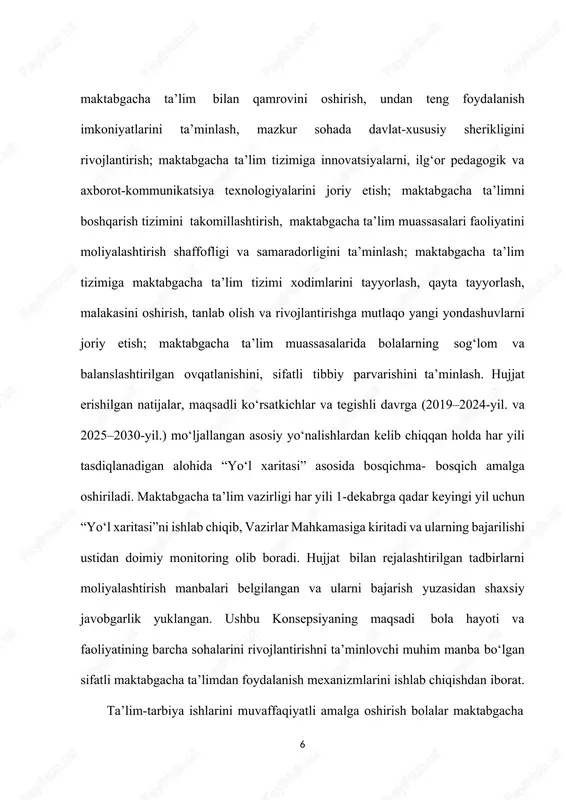 ningdek aqliy, axloqiy, mehnat, estetik tomondan normal tarbiyalanishi uchun yaxshi shart-sharoit yaratadi. tarbiyachi har bir boladagi o‘ziga xos xususiyatlarni yaxshi bilgan holda undagi o‘ziga xos xususiyatlarni (zararli bo‘lsa) yo‘qota borib, bolaga nisbatan qulay talab qo‘yadi. · tarbiyachi har bir bolaning kelajakda haqiqiy inson bo‘lishiga yordam beradigan sifatlarini va imkoniyatini rivojlantirishi lozim. maktabgacha tarbiya yoshi davrida tarbiyachining bolaga shaxsiy ta’siri juda katta bo‘ladi. chunki bu davrdagi har bir ta’surot bolaning xotirasida bir umrga saqlanib qoladi. bolani tushuna bilish va uning ma’naviy dunyosiga kira olish tarbiyachidan zo‘r kasb tayyorgarligini talab etadi. bola bilan jonli munosabatda bo‘lish – fikrlar manbai, pedagogik yangiliklar, quvonch va tashvishlardirki, busiz tarbiyachining ijodiy mehnatini tasavvur etib bo‘lmaydi. mashg‘ulotda tarbiyachi o‘z ovozidan qurol sifatida foydalanishi mumkin. sekin, tinch ovoz bolaga yaxshiroq ta’sir etishini pedagog bilishi zarur. bolaga qattiqroq va qat’iy tapirish mumkin, ammo bunda so‘z ohangi bolaga tinchlantiruvchi ta’sir etishi lozim.tarbiyachi asosan bolaning normal ruhiy taraqqiyoti asosi bo‘lgan jismoniy …