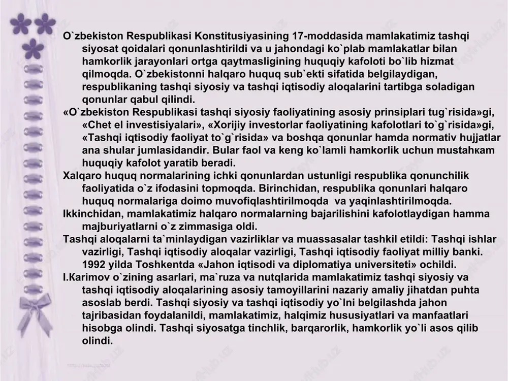 arkaziy osiyoda ekologik vaziyatni sog`lomlashtirish maqsadlarida, ya`ni umummanfaat yo`lida foydalanmoqda. 1993 yil fevralida toshkentda bmt ning vakolathonasi ta`sis etildi va u ish boshladi. o`zbekiston respublikasi va bmt rahbarlarining sa`yi-harakatlari natijasida respublikamizdagi bmt vakolathonasi bmt ning taraqqiyot dasturi, qochoqlar ishi bo`yicha olib qo`mita komissari, jahon sog`liqni saqlash tashkiloti, aholi joylashish jamg`armasi, narkotik moddalarni nazorat qilish dasturi, sanoat taraqqiyoti dasturi, «bolalar jamg`armasi» singari ihtisoslashgan muassasalarni o`z tarkibiga birlashtirishga muvofiq bo`ldi. xususan, uning boshlig`i (sobiq) xolid malikning faol ishtirokida o`zbekistonda ko`plab halqaro tadbirlar o`tkazildi. o`zbekistonning jahon hamjamiyat bilan integrallashuvida bmt doirasidagi ihtisoslashgan tashkilotlar bilan hamkorlik muhim ahamiyatga ega. 1993 yil 29 oktyabrda bmt ta`lim, fan va madaniyat bo`yicha qo`mitasi (unesko) ning parijdagi qarorgohida o`zbekiston unesko a`zoligiga qabul qilindi. o`zbekiston bmt doirasidagi ihtisoslashgan muassasalar -jahon sog`liqni saqlash tashkiloti, halqaro mehnat tashkiloti, jahon intelektual mulk tashkiloti, bmt ning bolalar fondi, halqaro pochta ittifoqi, xalqaro olimpiada qo`mitasi va ko`plab boshqa tashkilotlarning a`zosi bo`ldi. o`zbekiston bmt ning …