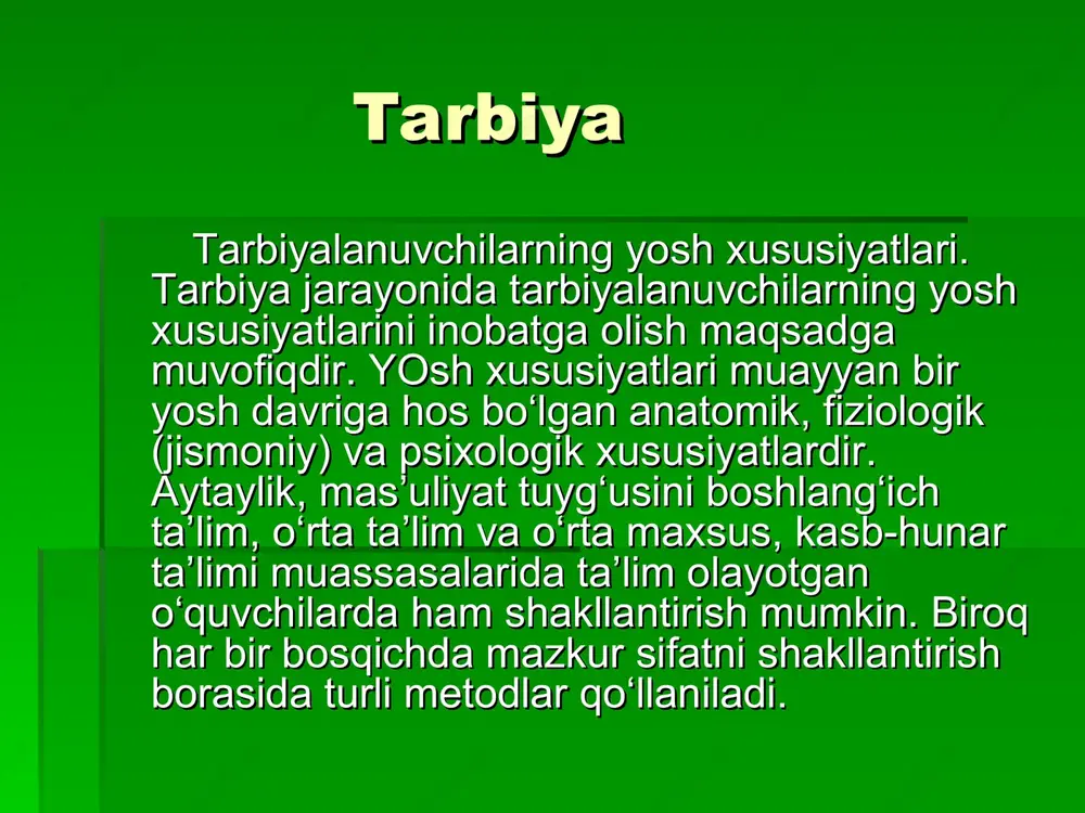 . tarbiya jarayonida o‘z-o‘zini tarbiyalash metodlaridan foydalanish samarali hisoblanadi. o‘z-o‘zini tarbiyalash metodlari o‘quvchilarning o‘zini o‘zi idora qilishlari, turli o‘quvchilar organlari faoliyatida faol ishtirok etishlarini ta’minlash, ularning ijtimoiy mavqelarini oshirish maqsadida qo‘llaniluvchi usullardir. o‘z-o‘zini tarbiyalash o‘quvchilarning o‘zini o‘zi idora qilish va o‘quvchilarning turli organlari faoliyatida faol ishtirok etishni ta’minlash, ularning ijtimoiy mavqeini oshirishning ta’sirchan vositasidir. o‘quvchilar o‘qish, tarbiya va dam olishda o‘z-o‘zini tarbiyalash usullaridan foydalanadilar, bu usullar o‘quvchilarni o‘z-o‘zini tarbiyalash tashabbuskorlik va mustaqillikka undaydi. o‘z-o‘zini tahlil (nazorat) qilish o‘z shaxsi, mavjud fazilatlari, xatti-harakati, xulq-atvorini tahlil qilish, mavjud sifatlarni boyitish yoki salbiy odatlarni bartaraf etishga qaratilgan faoliyat usuli. o‘z-o‘zini tahlil (nazorat) qilish uchun o‘quvchi o‘zining yurish-turishi, intizomi, ijobiy fazilatlarining ortib borishi va aksincha, salbiy odatlarining kamayib borishi haqida muntazam ravishda kundaligiga yozib boradi. o‘z-o‘zini baholash o‘z-o‘zini baholash mavjud fazilatlari, xatti-harakati, xulq-atvorini tahlil qilish asosida o‘z shaxsiga baho berishga yo‘naltirilgan faoliyat usuli. o‘quvchining qobiliyatini o‘z kuchi bilan yuzaga chiqishiga yordamlashish zarur. o‘z-o‘zini baholash …