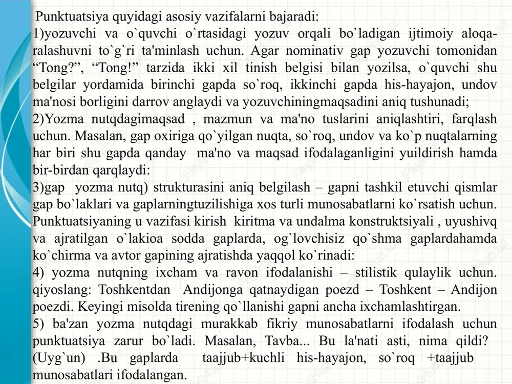 bek tilida ham punktogrammalarni qo‘llashning o’z asoslari va shartlari mavjud. tinish belgilarining qo’llanishida: 1) gapning tuzilishi, 2) mazmuni, 3) ohangi asos qilib olinadi. tinish belgilarining o’rni va vazifasini belgilashda mana shu uch xil hodisa alohida-alohida emas, balki ularning bir bugunligi nazarda tutiladi. chunki bular o‘zaro bog‘langan bir hodisaning uch tomoni – uch xususiyatidir. nutqning tuzilishi, mazmuni, ohangi o’zaro zich bog’langan bo’lib, har qanday gapda shu uch xususiyat mujassamlashgan bo’ladi. masalan, opalar, singillar! bu savollar majlisda berilsin! (a.q.) gapi: 1) tuzilishi jihatidan sodda, 2) buyruq bilan birga emotsiya, murojaat ifodalangan, unda gap bilan grammatik bog’lanmagan so’zlar (opalar, singillar) bor, 3) ko‘tariluvchi ohangi ohangga ega. hozirgi o‘zbek adabiy tilida tinish belgilari o‘nta 1.nuqta . 2.so‘roq ? 3.undov belgisi ! 4.nuqtali bergul ; 5.ko‘p huqta (uch nuqta) … 6.vergul (qo‘sh vergul) , ,, 7.ikki nuqta : 8.tire – 9.qavs (qo‘sh qavs) ( ), ( }. ] 10.tirnoq, qo‘shtirnoq “ “ 3.o‘zbek tilida tinish …