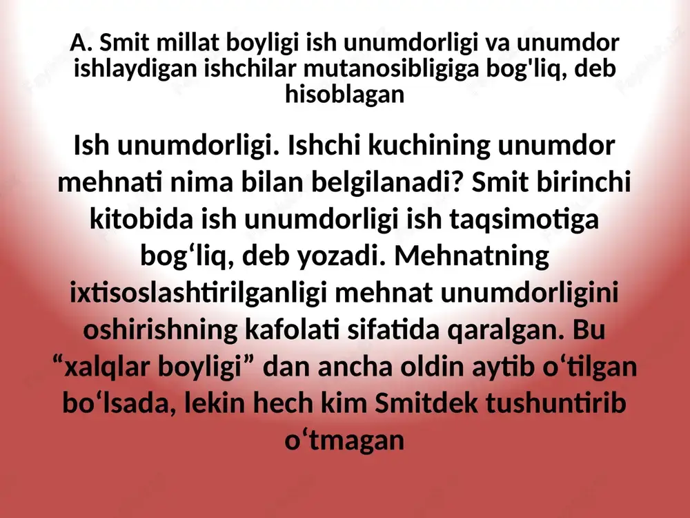 .smit bo‘yicha mamlakatning milliy boyligi darajasiga bevosita bog‘liq. a.smitning ish haqi nazariyasining e’tiborga molik joyi shundan iboratki, u u.petti, fiziokratlar va keyingi d.rikardodan farqli ravishda mehnatga haq toiash miqdori yashash minimumi darajasigacha pasayadi, deb atalmish qonuniyatni inkor etgan. buning ustiga, a.smit mehnatga bo‘lgan qiziqishni kuchaytirish maqsadida ish haqini oshirish tarafdori bo‘lgan. uningcha past ish haqidan ko‘ra yuqori ish haqi amal qilib turgan paytda faol faoliyat yurituvchi ishchilarni doimo topish, ishga jalb etish mumkin bo‘ladi. foyda nazariyasi foyda miqdori, a.smit bo‘yicha “kapital qiymati bilan aniqlanadi va foydaning ko‘p yoki kam boiishi ushbu kapital miqdoriga bog‘liq bo‘ladi”. foyda me’yorining pasayish moyilligi qayd qilib o‘tiladi, bunday moyillik iqtisodiy rivojlanish bilan bog‘lab tushuntiriladi, chunki ancha rivojlangan mamlakatlarda foyda me’yori hamisha past bo‘ladi. u foyda miqdoriga 3 ta omil ta’sir ko‘rsatishi mumkin, deb taxmin qiladi: mehnat bozorlaridagi raqobat. buning natijasida maoshlar ko‘tariladi. mahsulot bozori o‘rtasidagi raqobat. ishlab chiqaruvchilar o‘rtasida raqobat ortadi, mahsulot narxlari tushadi, foyda …