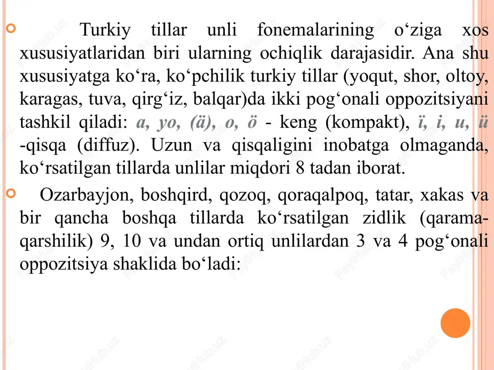 ‘q): tur., gag., turkm.yok, ozarb, yox, qum., kar., no‘g‘., qoz., o‘zb., uyg‘. yoq, q.qalp., qirg‘. joq, xak. chox; o:n (10): tur., ozarb., xak., qirg‘., qirg‘., qar., gag., uyg‘., no‘g‘., q.qalp., qoz., qum., olt. on; yo:l (yo‘l): qirg‘., q.qalp.,qoz. jol, turkm., ozarb., qum., no‘g‘., qar., gag. yol; o:l (u): qirg‘., qoz., turkm., ozarb., qum., no‘g‘., kar., esk.tur., q.qalp., gag. ol; bo:l (bo‘lmoq): qirg‘., qoz., no‘g‘. bol kabi. ö>ü. ushbu fonetik hodisa tatar va boshqird tillari uchun xosdir: köp (ko‘p): no‘g‘., turkm., olt., qoz., q.qalp., o‘zb. köp, tat., boshq. küp; öch (o‘ch olmoq): olt., qum., ozarb., o‘zb., turkm., tur. öch; no‘g‘. ösh, tat. üsh, boshq. üs; kör (ko‘rmoq): qirg‘., o‘zb., no‘g‘., qoz., q.qalp., q.balq., olt. kör, tur., ozarb., gör, boshq., tat. kür. tatar va boshqird tillaridagi qadimgi turkiy öning üga o‘tishi oning uga o‘tishi bilan bog‘liq. bobotil davridagi ö ifodalanishi chuvash tilida ancha rang-barangdir: ö>u: köz, chuv. kus; o>: kök (ildiz) va …