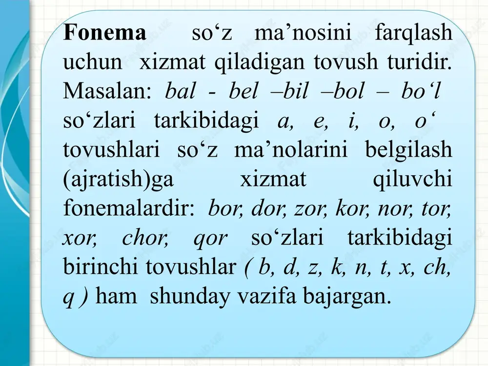 a o‘zgarib, noo‘xshash tovushga aylanib qoladi. masalan, zarur – zaril (zarar so‘zi tarkibidagi ikkita bir xil r undoshining biri talaffuzda l ga aylangan). yana qiyoslang: koridor>kalidor, devor>devol, nodon>lodon, biror>biron (yozilishi: zarur, koridor, devor, biror yoki biror, nodon). 3. metateza so‘z tarkibidagi ayrim tovushlarning talaffuzda o‘rin almashuvidir. masalan: daryo – dayro (bunda r va y undoshlarining o‘zaro o‘rin almashuvi yuz bergan); ahvol – avhol (hv-vh), aylanay – aynalay (ln-nl), tuproq-turpoq (pr-rp); yog‘mir-yomg‘ir (g‘m- mg‘ ); yozilishi: daryo, ahvol, aylanay, tuproq, yomg‘ir. ii. pozitsion o‘zgarishlar tovushning so‘z tarkibidagi o‘rni (joylashish tarkibi) uning pozitsiyasini tashkil qiladi. tovush so‘zning turli o‘rinlarida kela oladi. masalan, d undoshi dono, dehqon, doston so‘zlarining boshida; abadiy, aerodrom, badiiy, bayroqdor so‘zlarining o‘rtasida; taqlid, obod so‘zlarining esa oxirida kelgan. shu so‘zlarni talaffuz qilganimizda, ularning ayrimlari (masalan, dono, dehqon, doston, abadiy, aerodrom, badiiy, bayroqdor...) tarkibidagi d undoshi hech qanday o‘zgarishga uchramaydi, ammo taqlid, obod so‘zlari tarkibidagi bu undosh jarangsiz t tarzida …