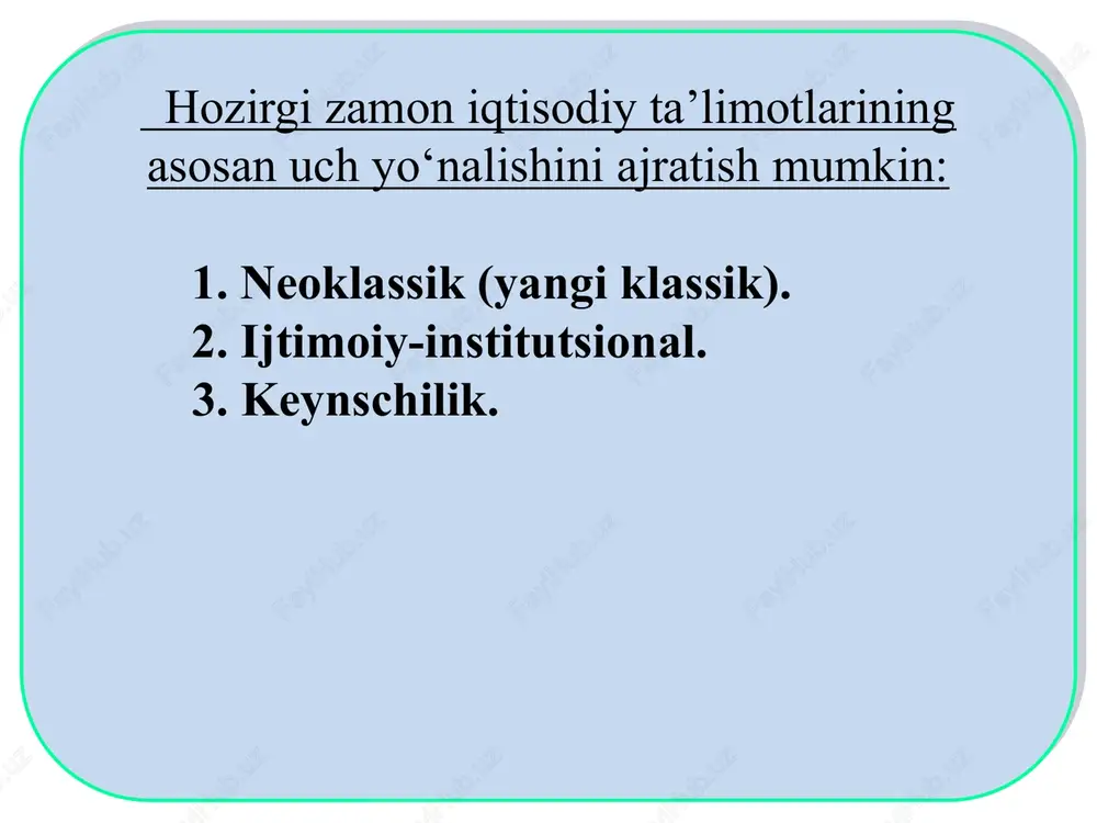 ayirboshlashuvi keyinchalik tovar ishlab chiqarishning rivojlanishi bilan turli mamlakatlar o‘rtasidagi doimiy tovar almashuvi – xalqaro savdoning paydo bo‘lishi va rivojlanishiga olib keldi. ikkinchi bosqich ishlab chiqarishning sanoatlashuv davriga to‘g‘ri kelib, yirik mashinalashgan ishlab chiqarishning vujudga kelishi va tadbirkorlarning ko‘proq foyda olishga intilishi tashqi savdoni deyarli barcha milliy xo‘jaliklarning tarkibiy qismiga aylantirib qo‘yishi natijasida xviii-xix asrlarda rivojlangan jahon bozori paydo bo‘ldi. uchinchi bosqich xix-xx asrlarga to‘g‘ri kelib, bu davrda jahon xo‘jaligi tizimi shakllandi. to‘rtinchi bosqich xx asrning 60-yillaridan boshlab, ya’ni ko‘plab mustamlaka mamlakatlarning siyosiy qaramlikdan ozod bo‘lishi natijasida zamonaviy jahon iqtisodiyotida ijobiy o‘zgarishlarning yangi tendensiyalarini paydo bo‘lishi bilan bog‘liq. jahon mamlakatlarining iqtisodiy rivojlanishini ifodalovchi ko‘rsatkichlar tizimi 1 mutloq va nisbiy yaim; 2 milliy daromad va uning aholi jon boshiga to‘g‘ri keluvchi miqdori; 3 milliy iqtisodiyotning tarmoq tuzilmasi; 4 mamlakat eksporti va importi tarkibiy tuzilmasi; 5 aholining turmush darajasi, sifati va boshqalar. jahon mamlakatlarida milliy daromadning aholi jon boshiga to‘g‘ri kelishiga ko‘ra …