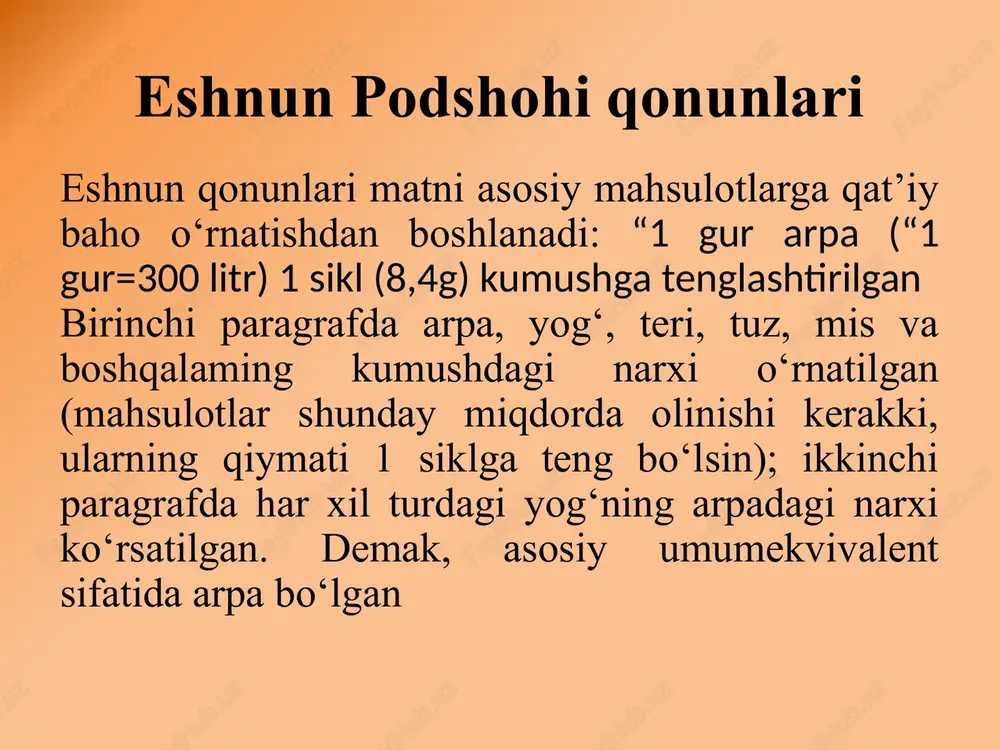 h, ya’ni ulardan foydalanib ishlab chiqariladigan tovarlarga bo‘lgan soliqni kengaytirishni tavsiya etadilar asarda barqaror iqtisodiy rivojlanishning zarurligi to‘g‘risida aniq fikr yuritiladi va qayerda nonning narxi tartiblanib turilsa, o‘sha yerda tinchlik, osoyishtalik bo‘ladi, deb qayd etiladi. «guan-tszi» mualliflari «davlatni boy, xalqni mamnun» holda ko‘rishni xohlaganlar. 2.3. qadimgi yunonistondagi iqtisodiy fikrlar iqtisodiy fikrlar qadimgi yunonistonda yanada rivojlantirildi. ksenofont, platon, aristotel asarlarida iqtisodiy muammolar maxsus tadqiqot obyektiga aylandi. buni sokratning shogirdi, platonning zamondoshi ksenofont (m.av. 430-355) asarlarida yaqqol ko‘rish mumkin. uning ko‘p sonli asarlari ichida «daromadlar to‘g‘risida» va «ekonomiks» nomli (xo‘jalik to‘g‘risida ta’lim) maxsus iqtisodiy asarlari alohida ahamiyatga ega. antik dunyo iqtisodiy qarashlari platon (aflotun, taxminan m.a. 427-347 yy.) faylasuflar - davlatni boshqaruvchilar harbiylar - davlatni boshqarish apparatining bir qismi aristotel «qul - tirik qurol, qandaydir tirik mulk» u «haqiqiy boylik» ksenofont (m.a 430-355) qullar savdosini tashkil etish xorijliklardan keladigan soliqni oshirish ularni afinaga kelishini rag’batlantirish «qora» toifa - dehqon, hunarmand va savdogarlar …